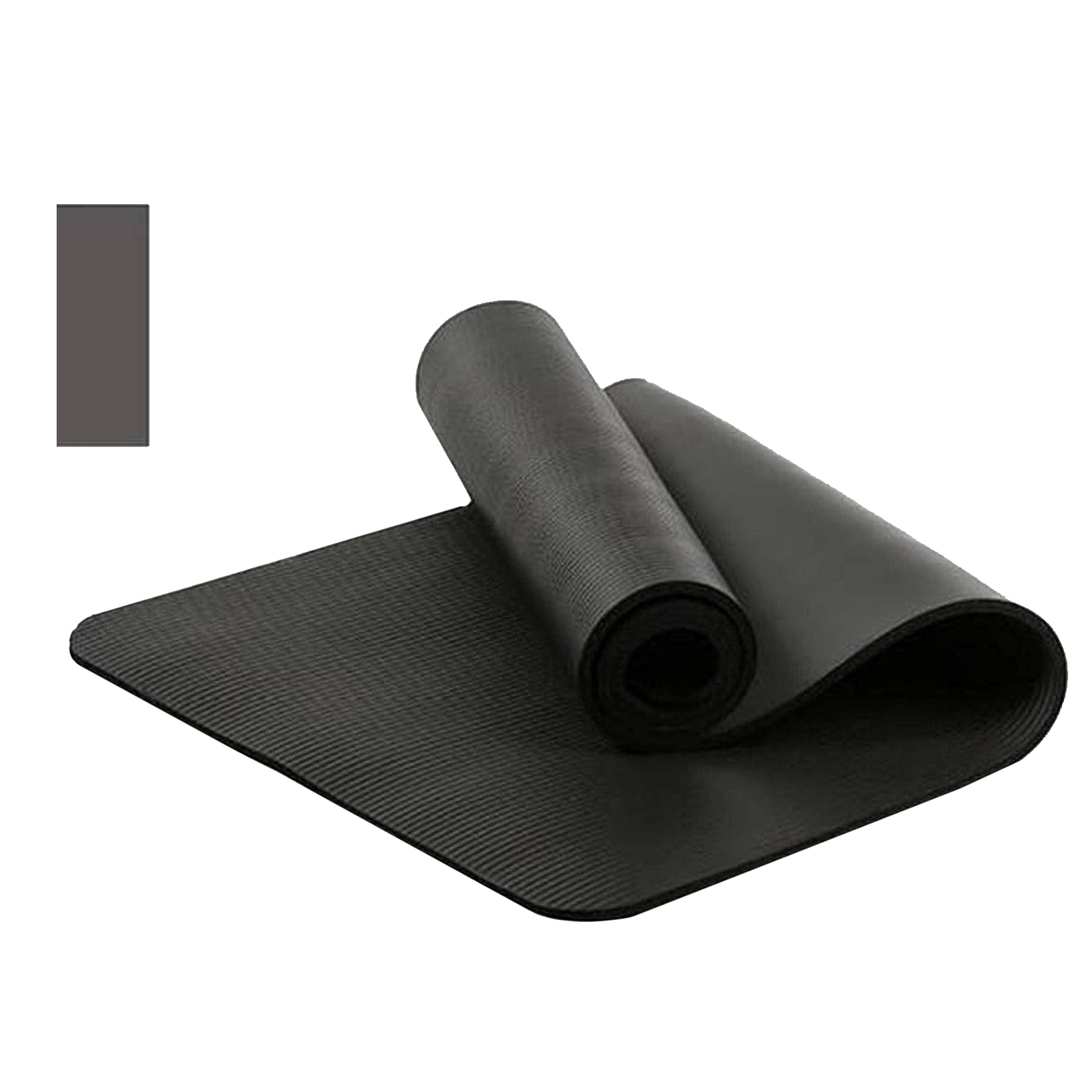 Esterilla de yoga negra, desenrollada y enrollada, sobre fondo blanco, con muestra de color.