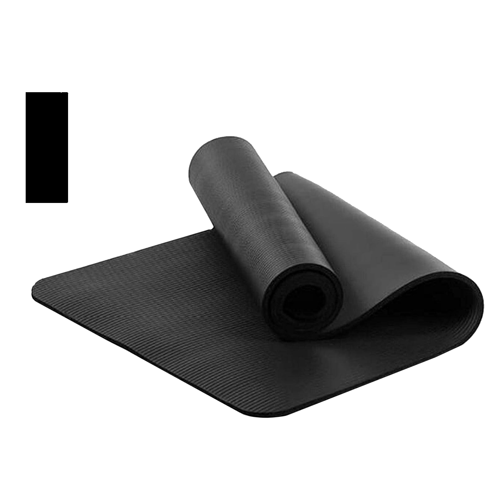Esterilla de yoga negra enrollada sobre una superficie blanca. Un rectángulo negro en esquina.