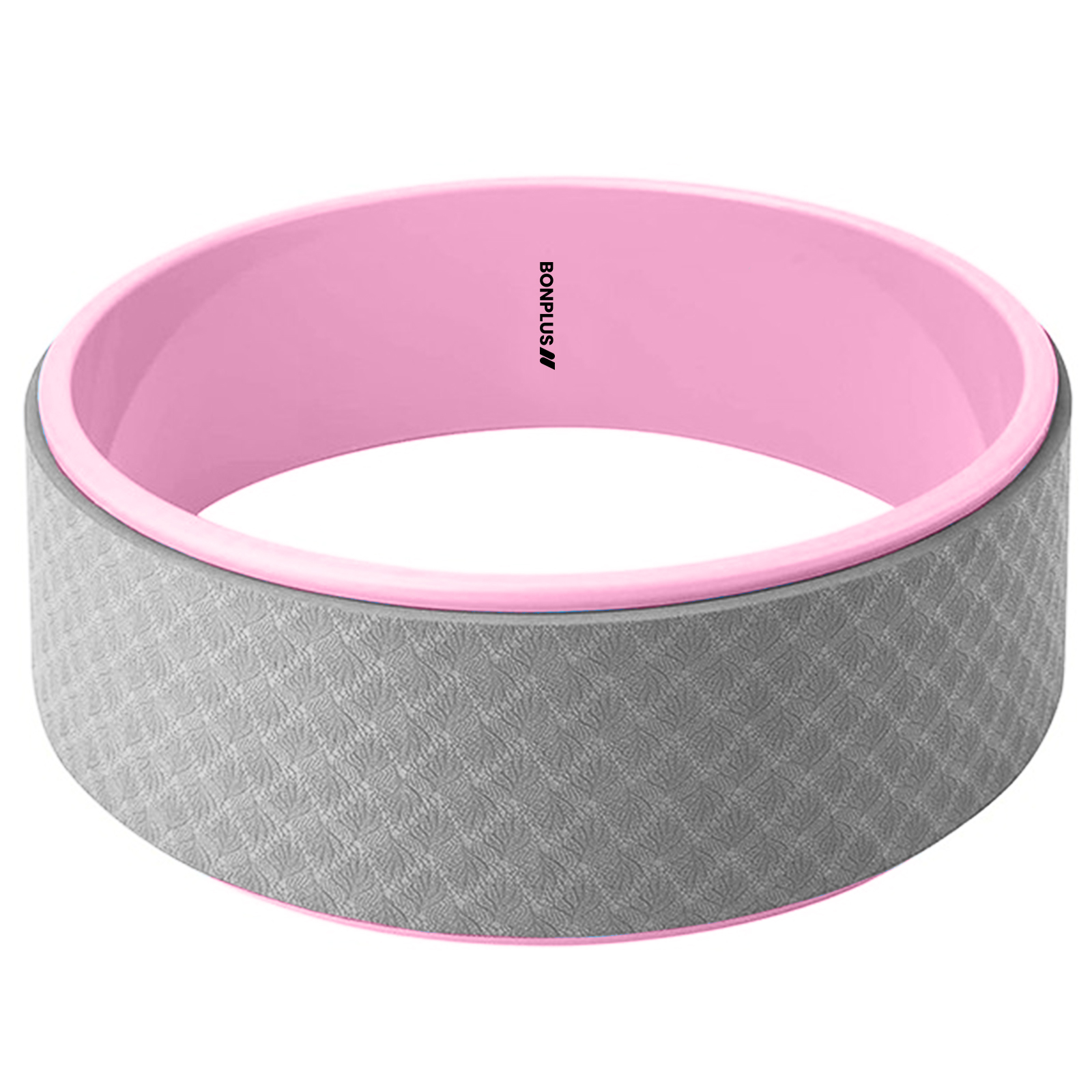Una rueda de yoga rosa y gris. La rueda es redonda, con un anillo exterior gris texturizado y un anillo interior rosa.