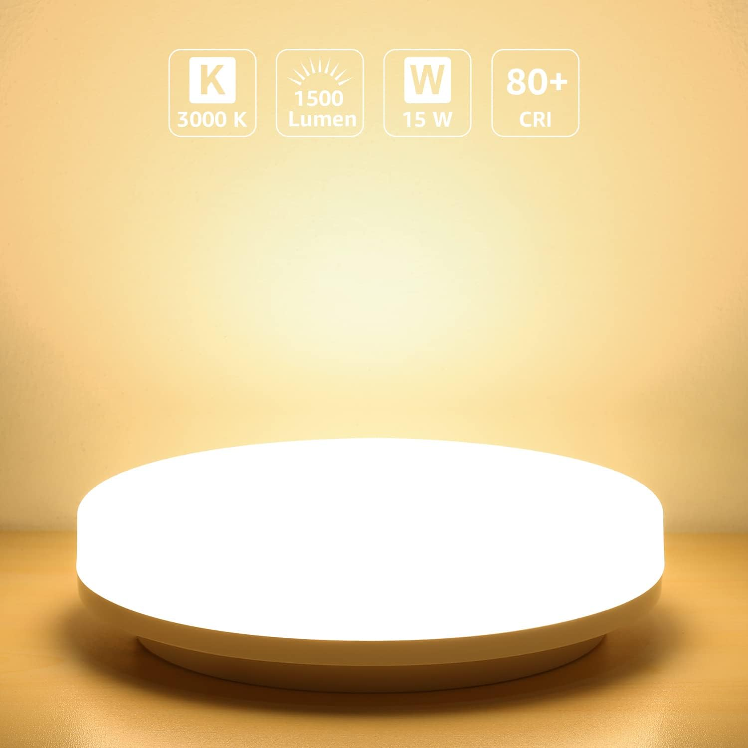 Weiße runde Deckenleuchte mit Text. Hintergrund: Holztisch. Text: 3000K, 1500 Lumen, 15W, 80+ CRI.