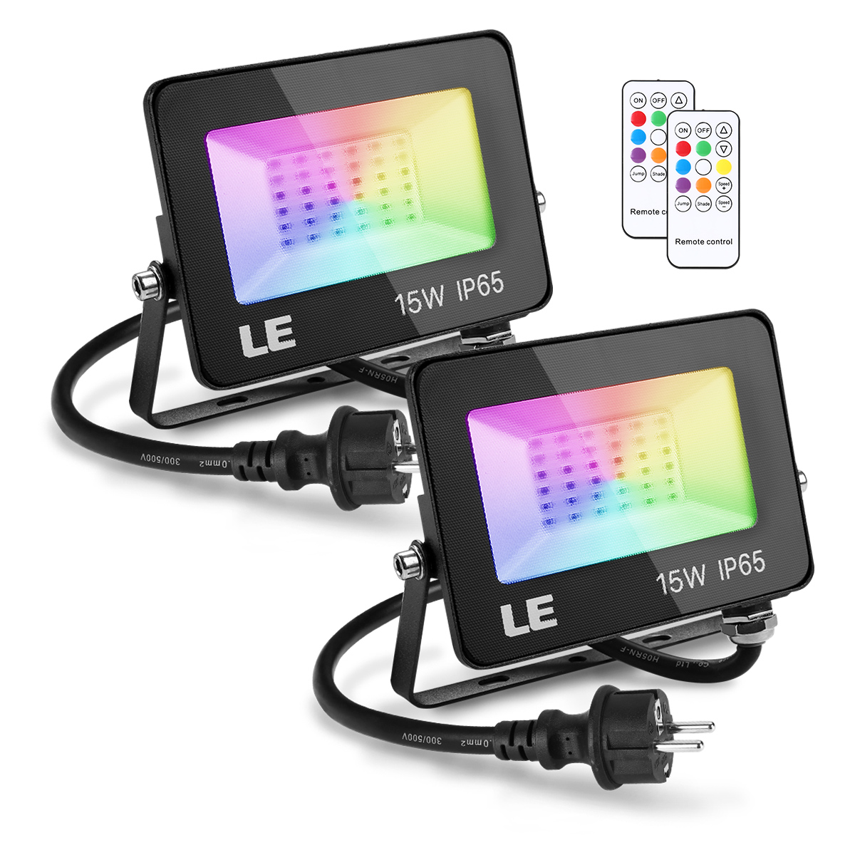 Zwei schwarze LED-Flutlichter mit Regenbogenfarben-Lichtanzeige, Netzkabel und Fernbedienungen.