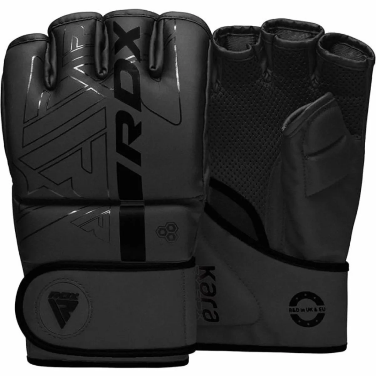 Black MMA gloves, open fingers, with wrist strap. Background: grey.