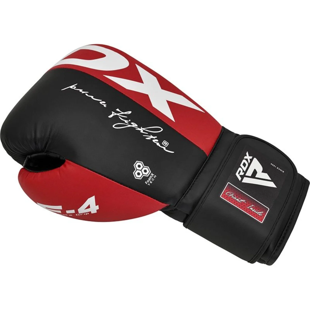 Red and black boxing glove with white text and logos.