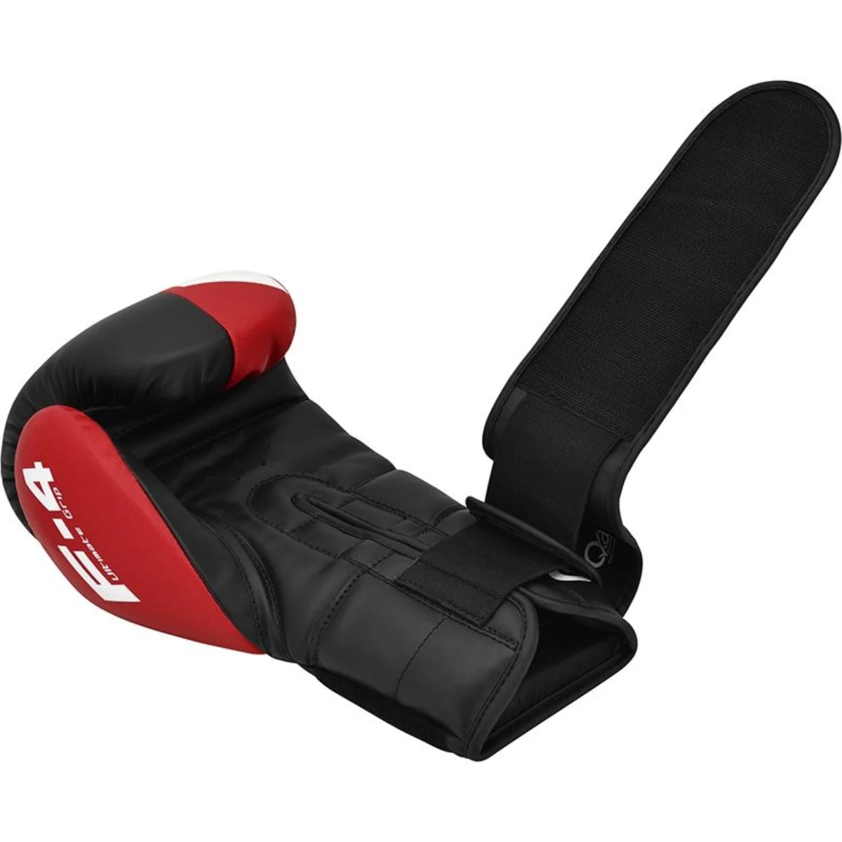 Black and red boxing glove with a white accent. The wrist strap is open.