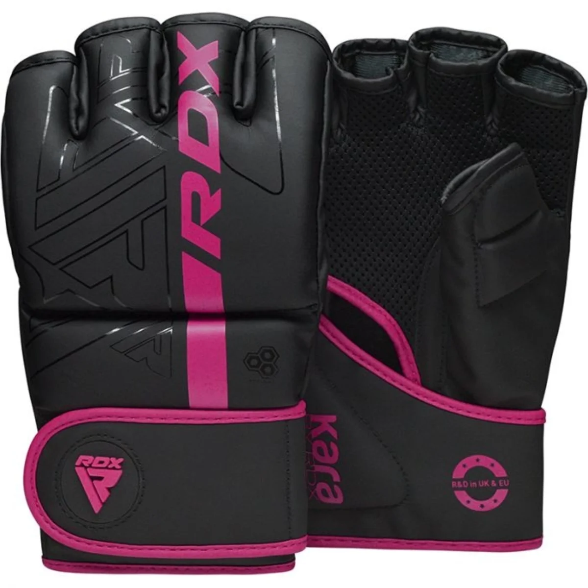 Black MMA gloves with pink accents and RDX logo.