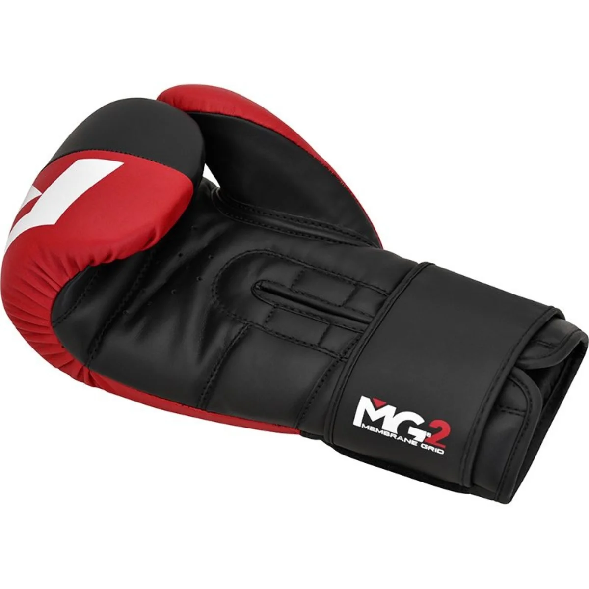 Boxing glove. Red and black, with white logo and details. The glove is on a white background.