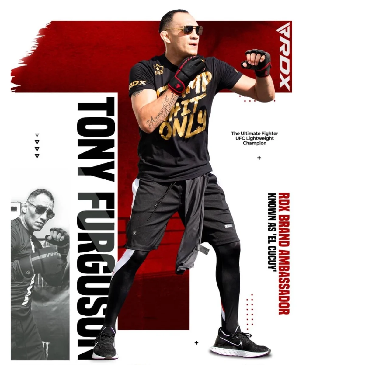 Tony Ferguson, an MMA fighter, in black shorts and a gold shirt. The background is red and white.