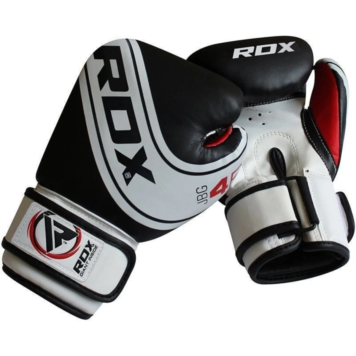 Boxing gloves, white and black with red accents. RDX logo is visible. Gloves are on a white background.