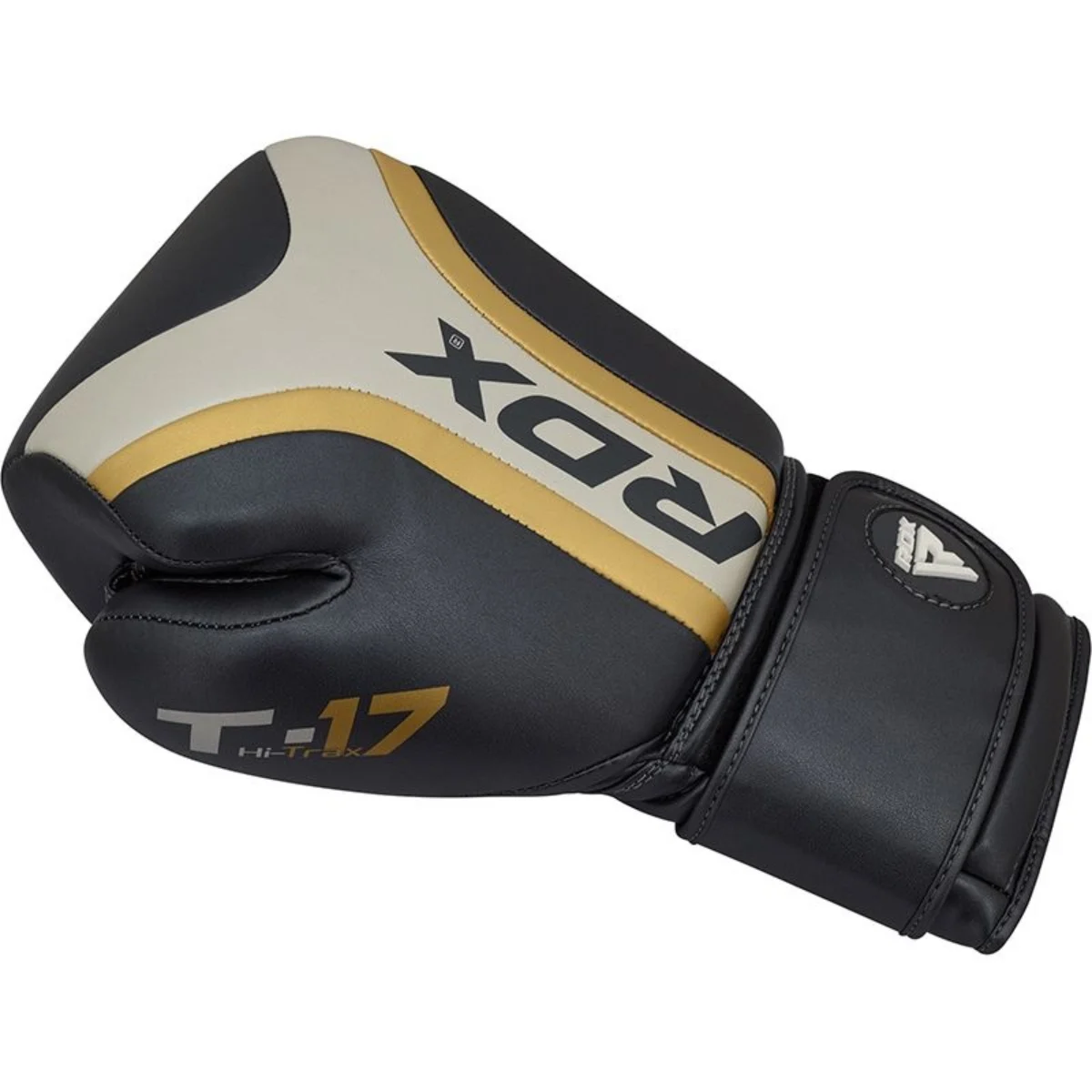 Black and gold boxing glove with red and gold logo, on a white background.