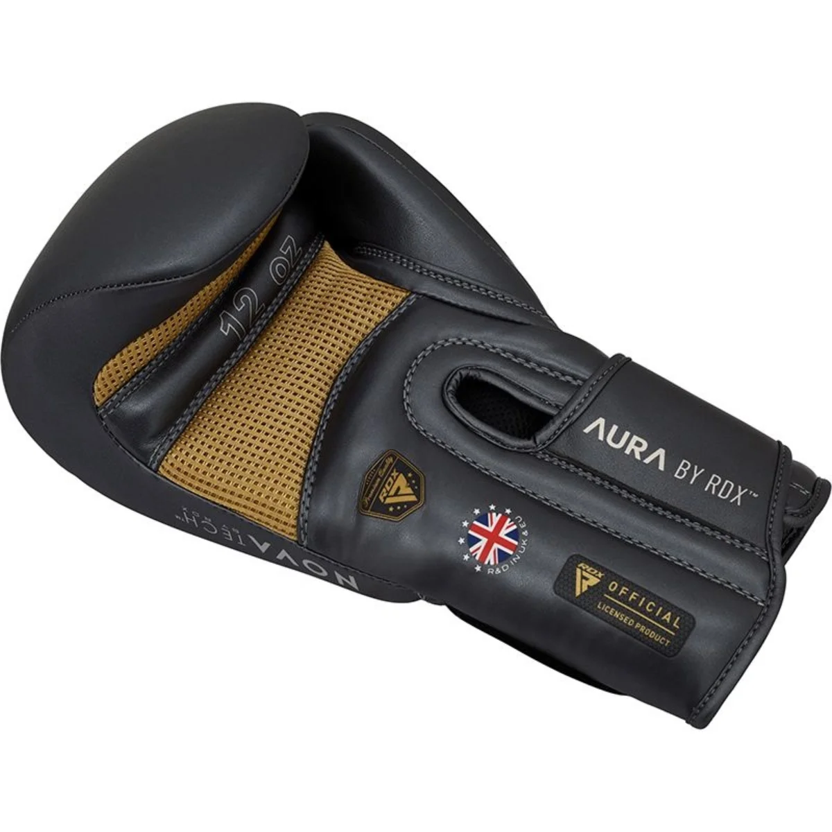 Black and gold boxing glove with branding and Union Jack, side view.