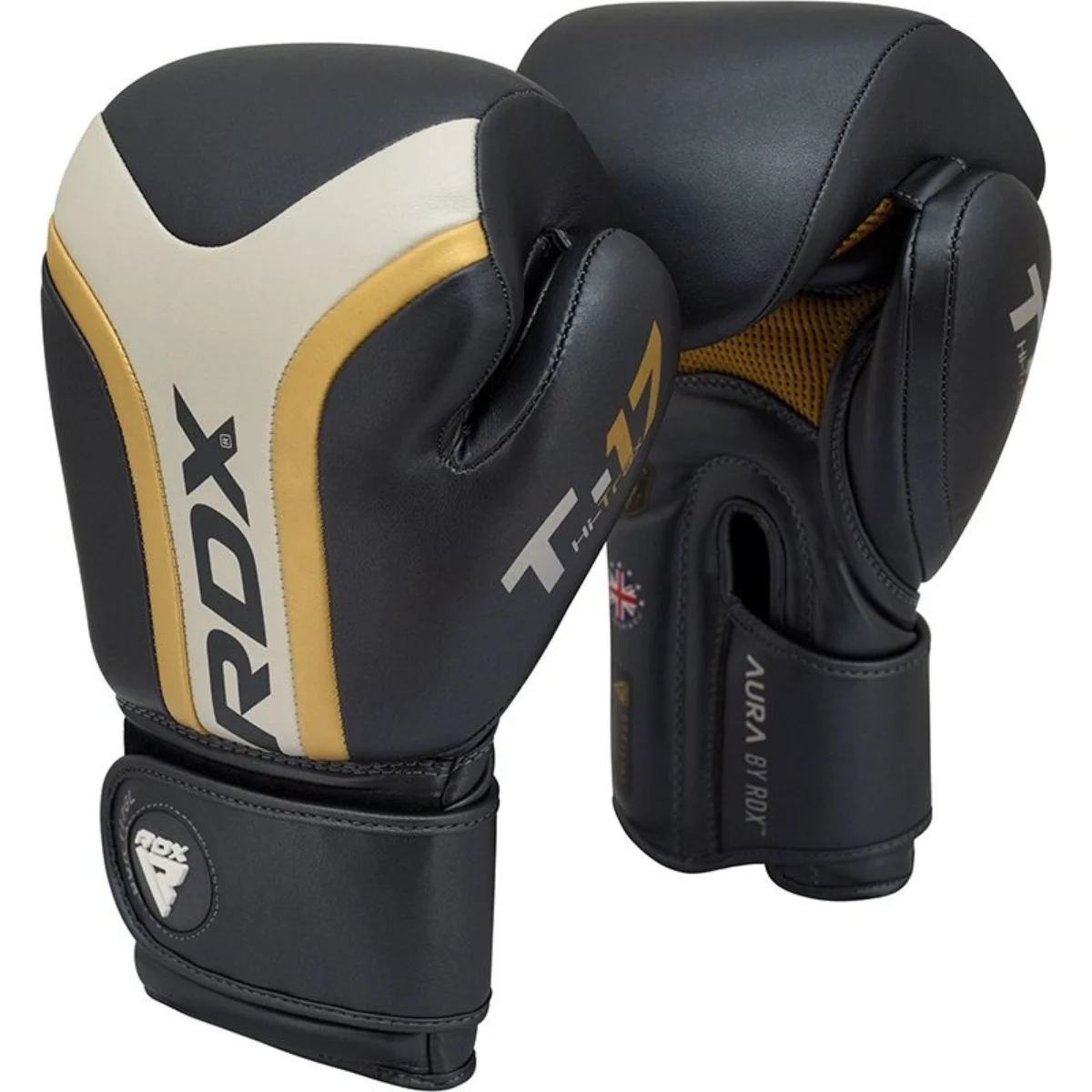 Black and gold boxing gloves with the RDX logo and gold accents, on a white surface.