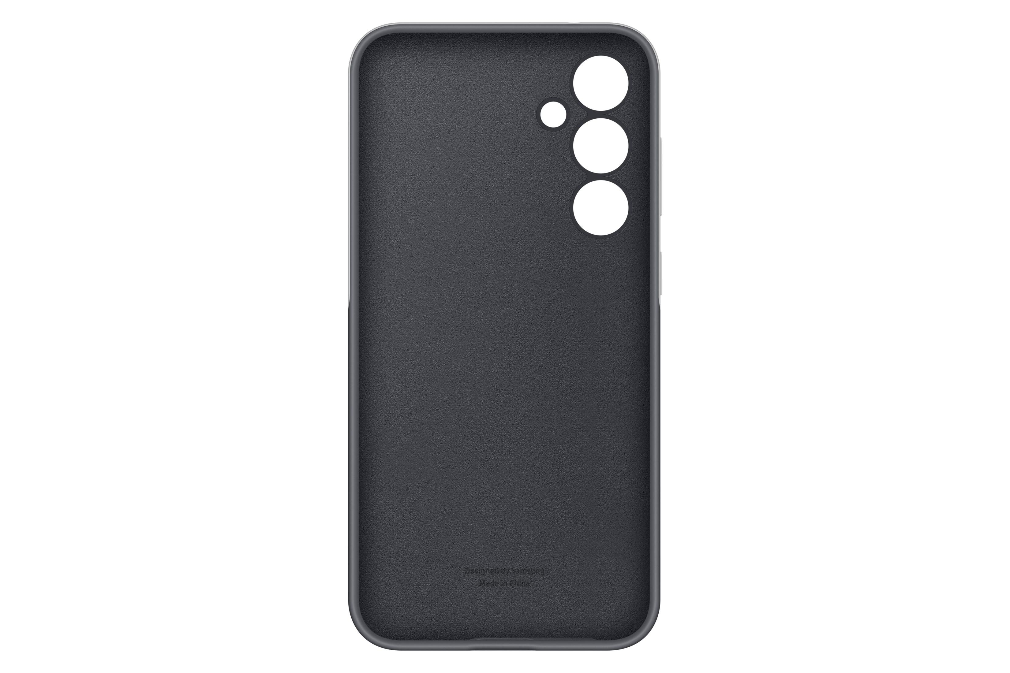 Intérieur d'une coque de téléphone gris foncé avec trois trous pour l'appareil photo et une marque.