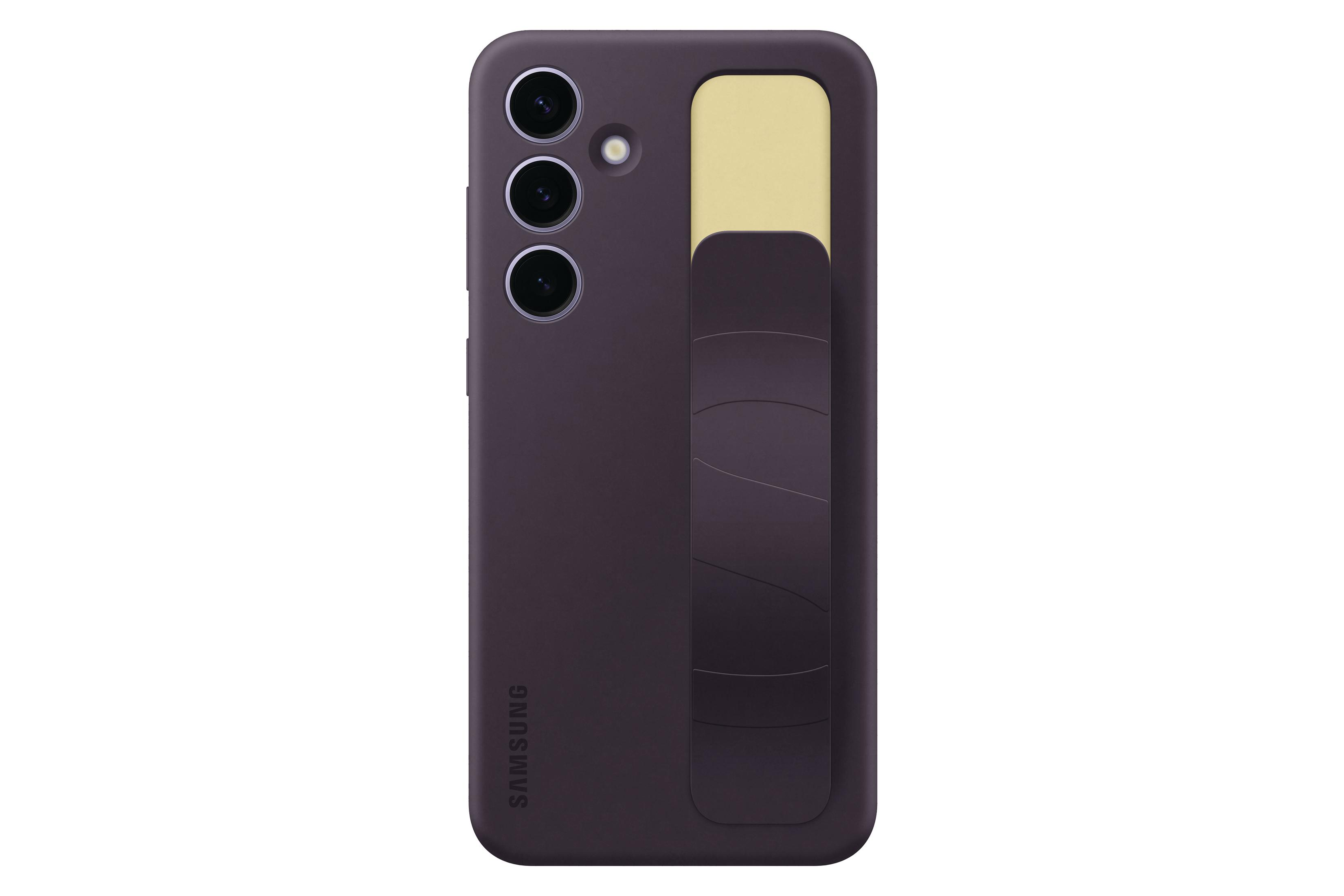 Custodia per telefono viola con cinturino beige. Il logo Samsung è visibile.