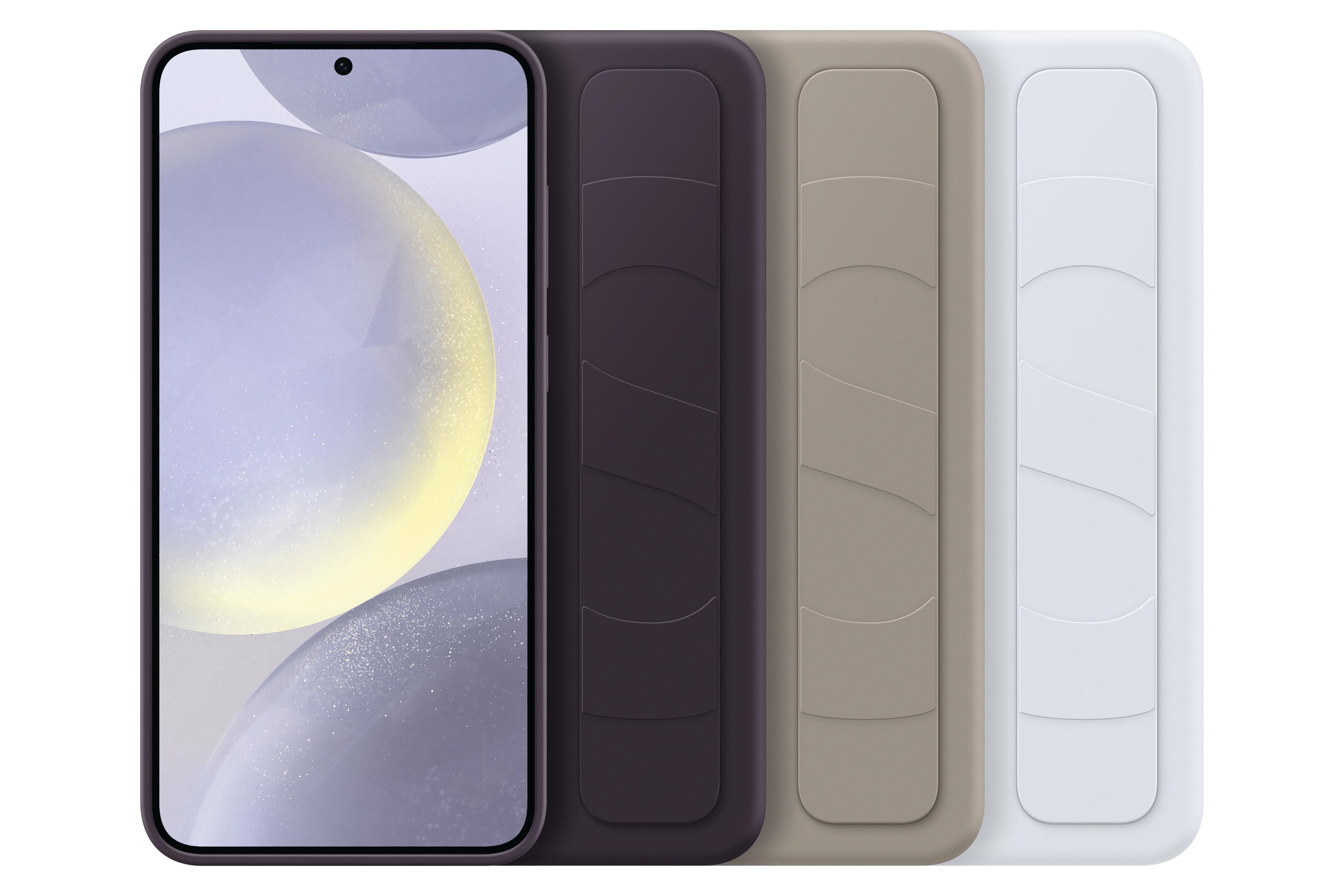 Uno smartphone e tre cover colorate: viola, beige e bianca. Il telefono mostra uno schermo.