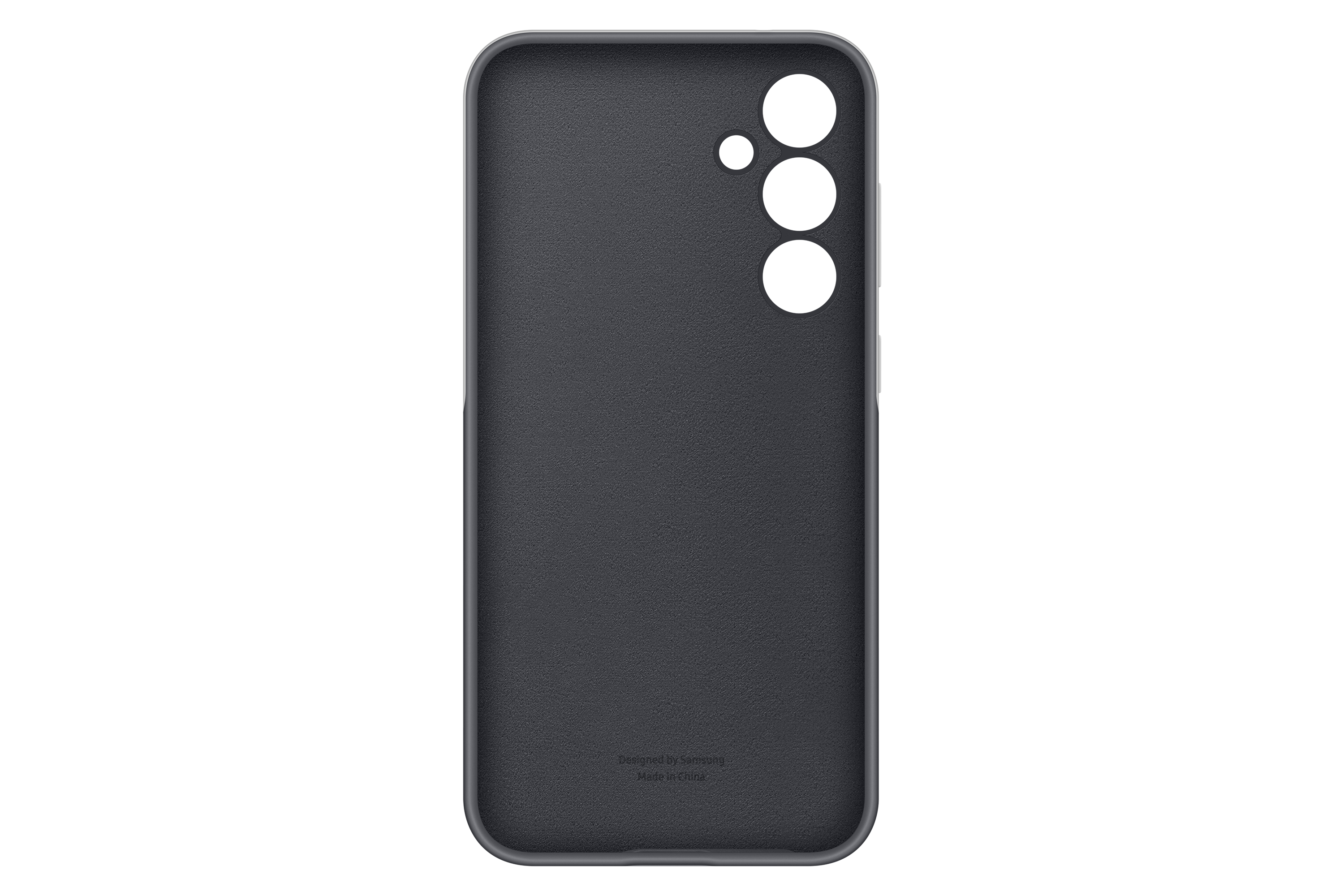 Une coque de téléphone gris foncé avec trois découpes pour l'appareil photo sur fond blanc.
