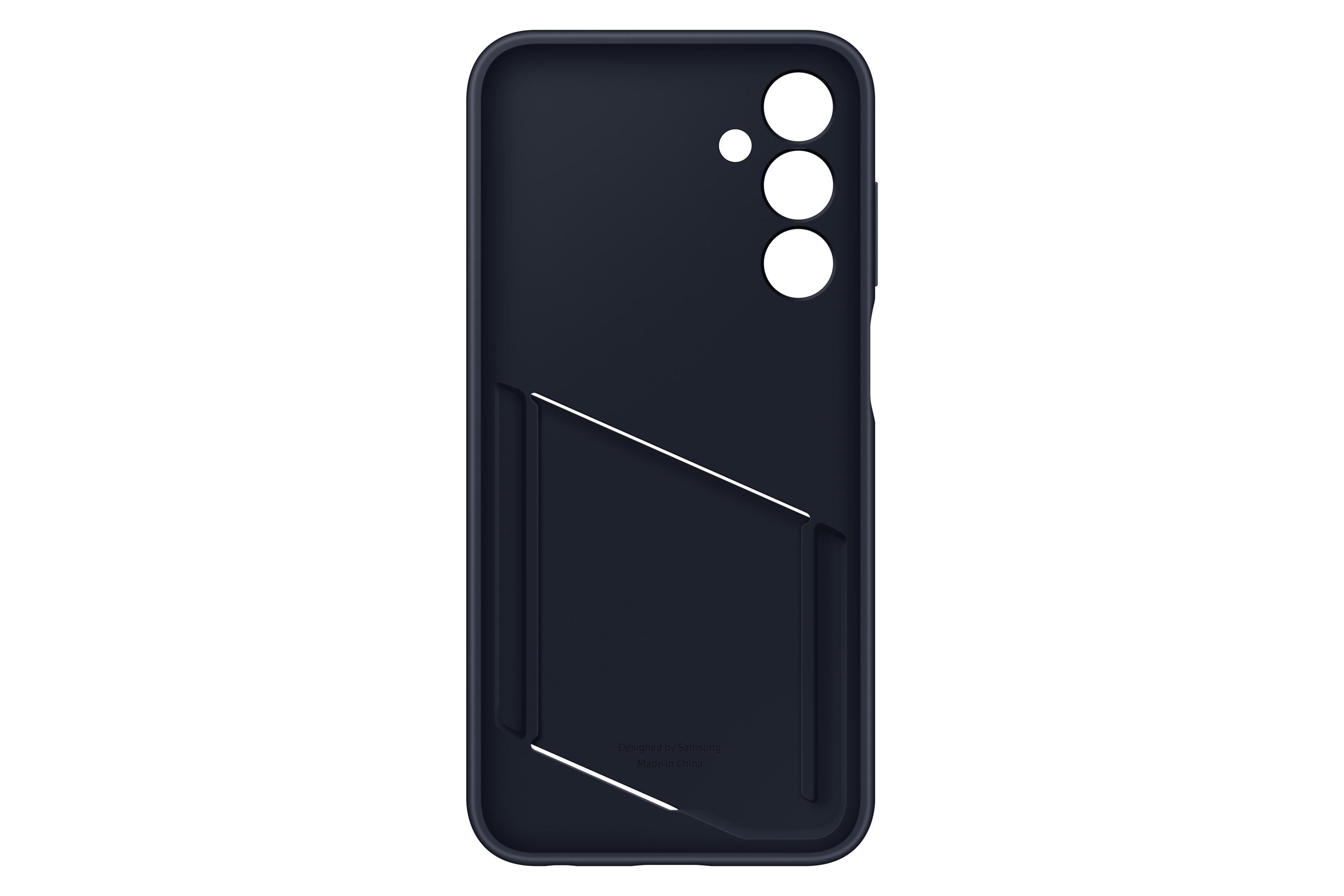 Un étui de téléphone bleu foncé avec une fente pour carte. L'étui est conçu pour un Samsung.