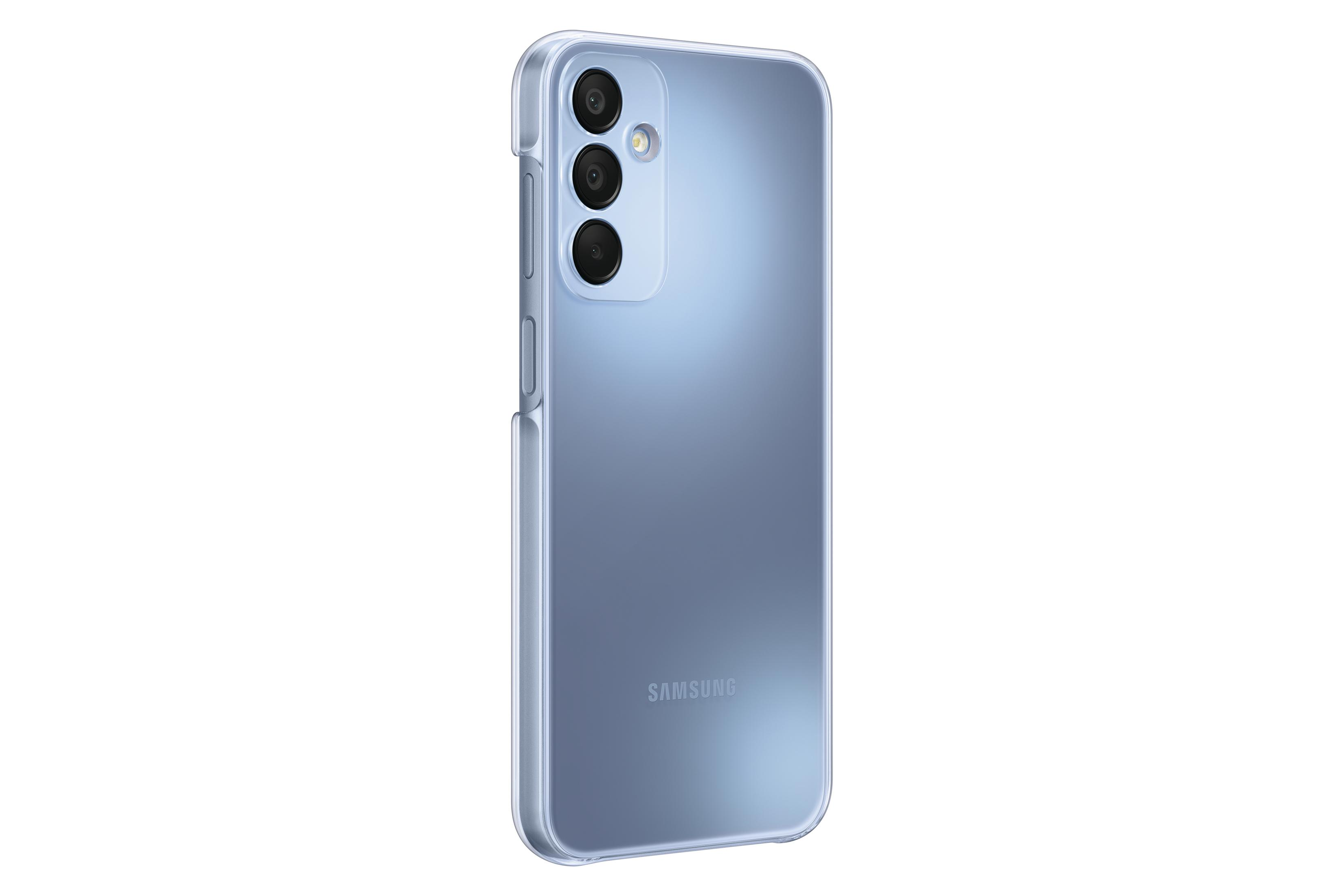 Niebieski telefon z przezroczystym etui. Widoczne są obiektywy aparatu.