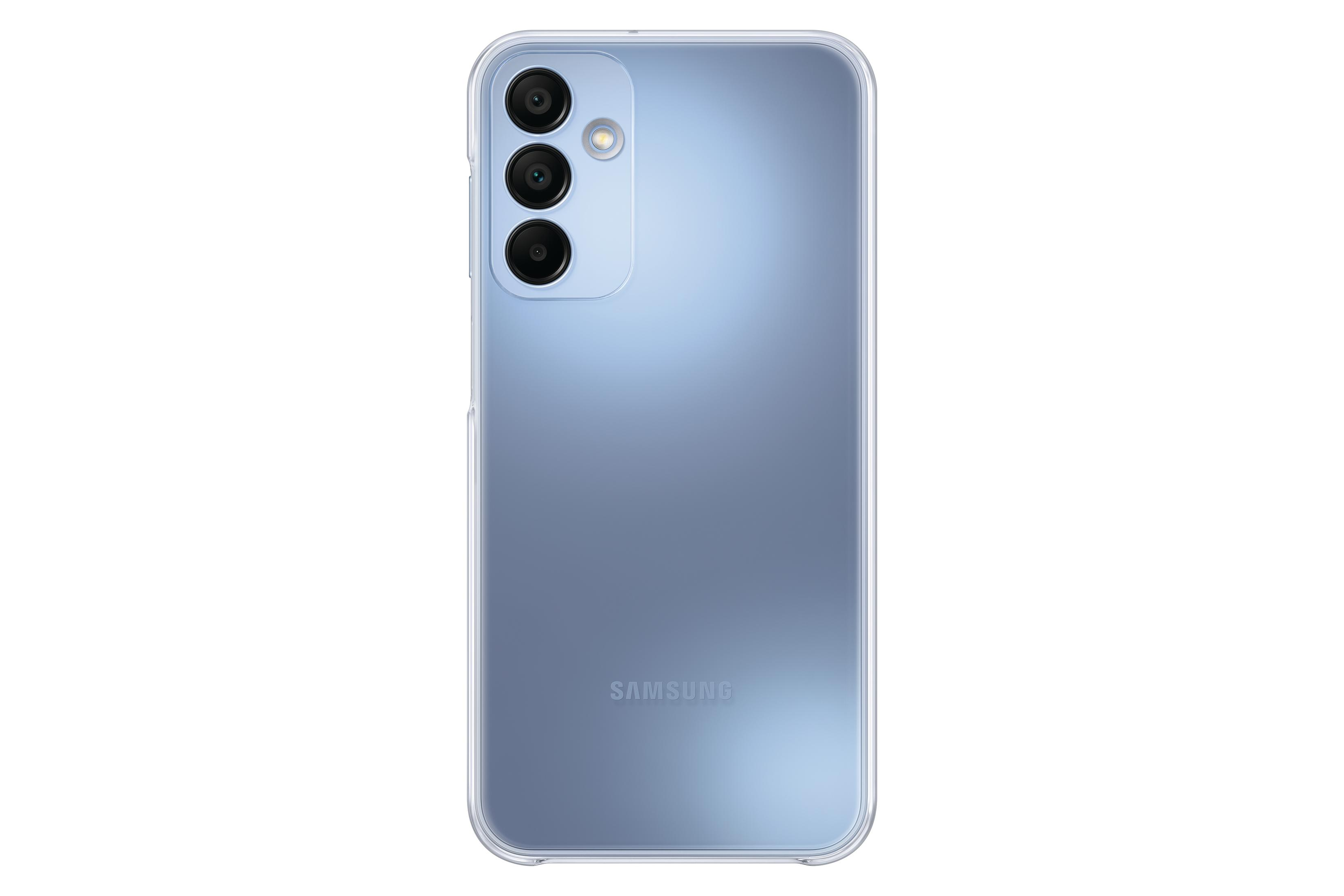 Tył jasnoniebieskiego telefonu Samsung z trzema aparatami. Słowo 'SAMSUNG' widoczne na dole.