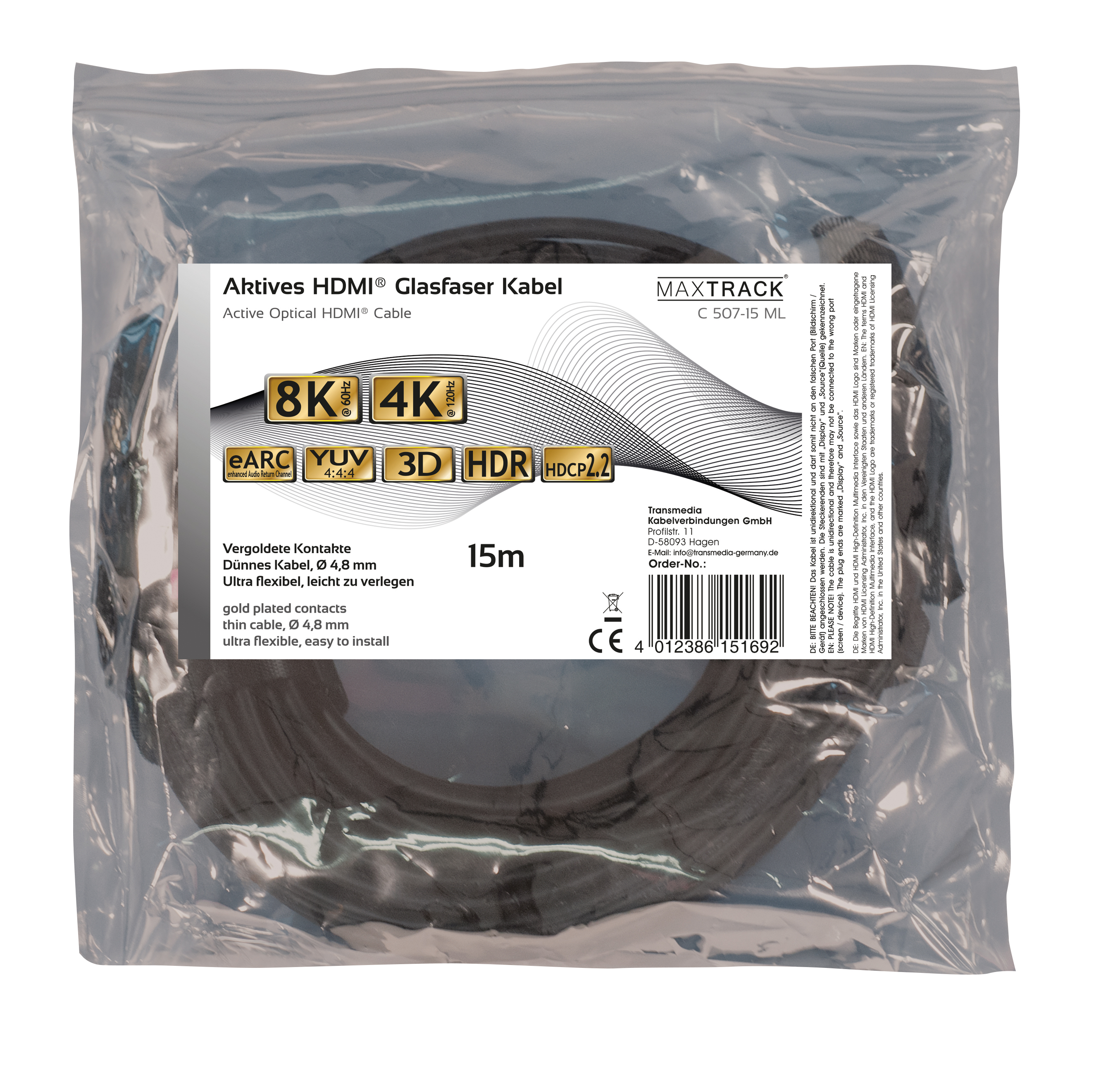 HDMI-Kabel in einer transparenten Tüte. Es hat Text und Symbole, die Funktionen wie 8K und HDR anzeigen.