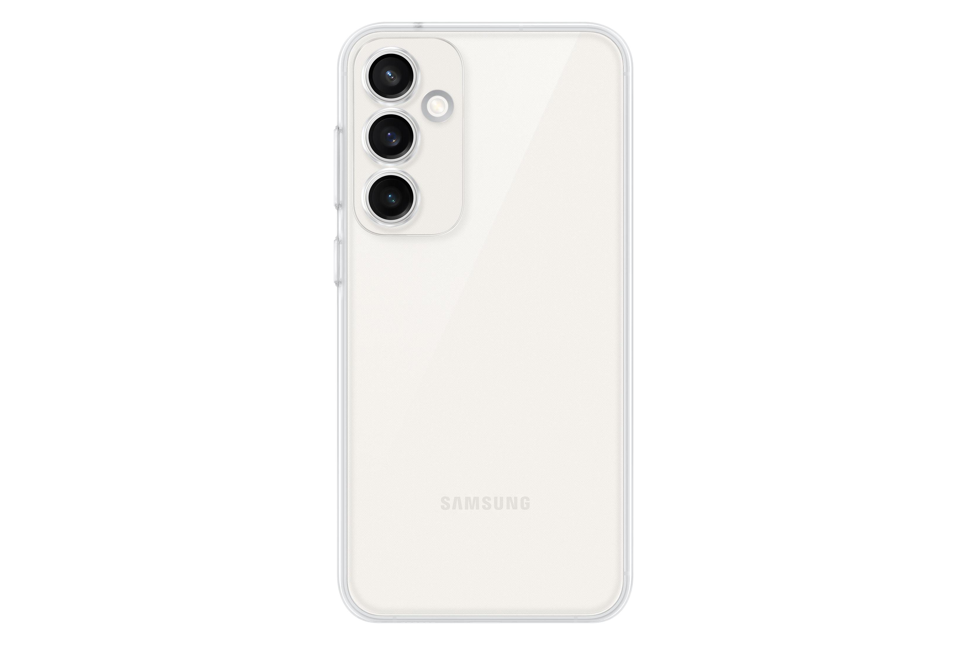 Biały smartfon z trzema tylnymi aparatami, przezroczyste etui, na białym tle.