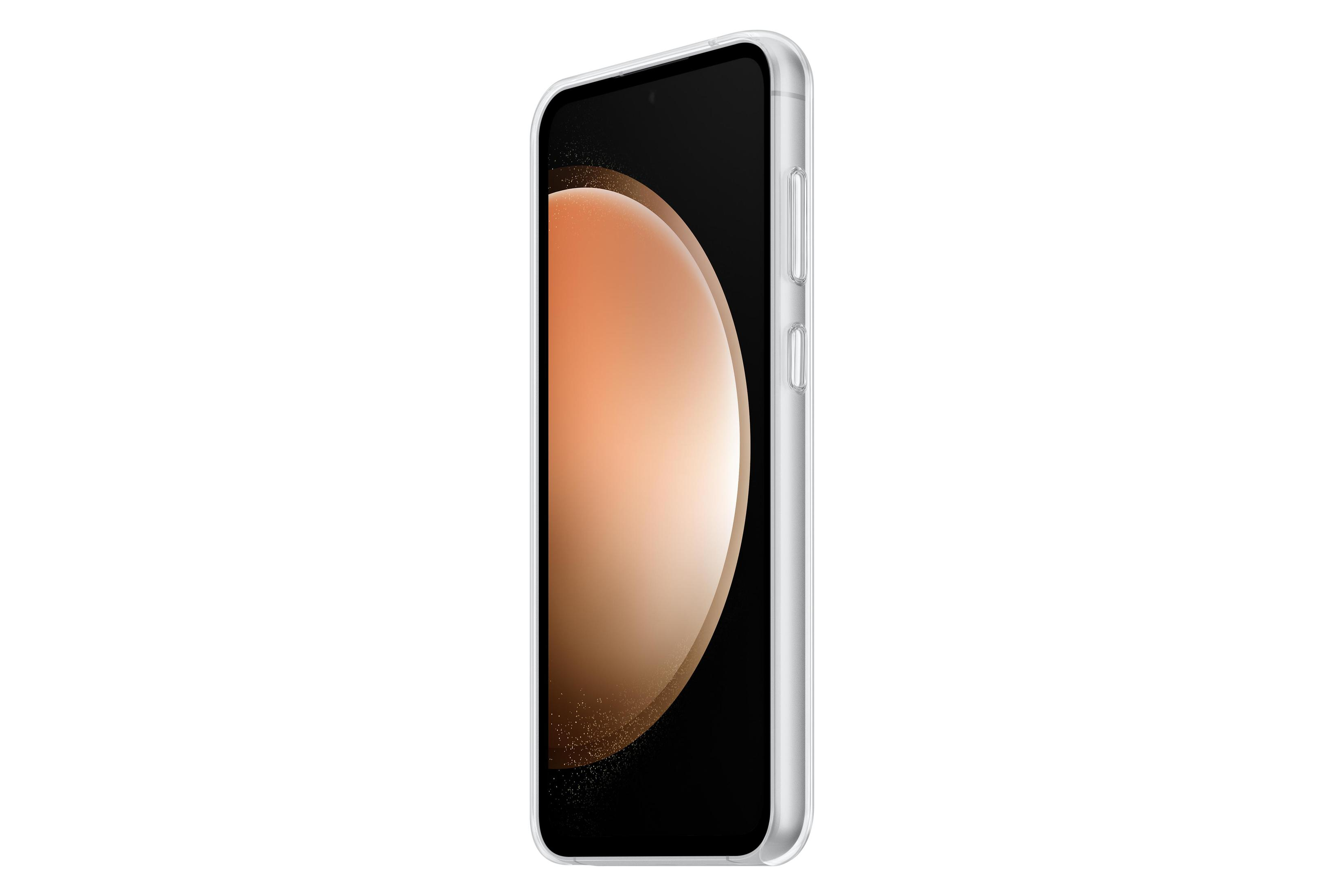 Srebrny smartfon z jasno pomarańczowym tyłem, widok z boku, na białym tle.