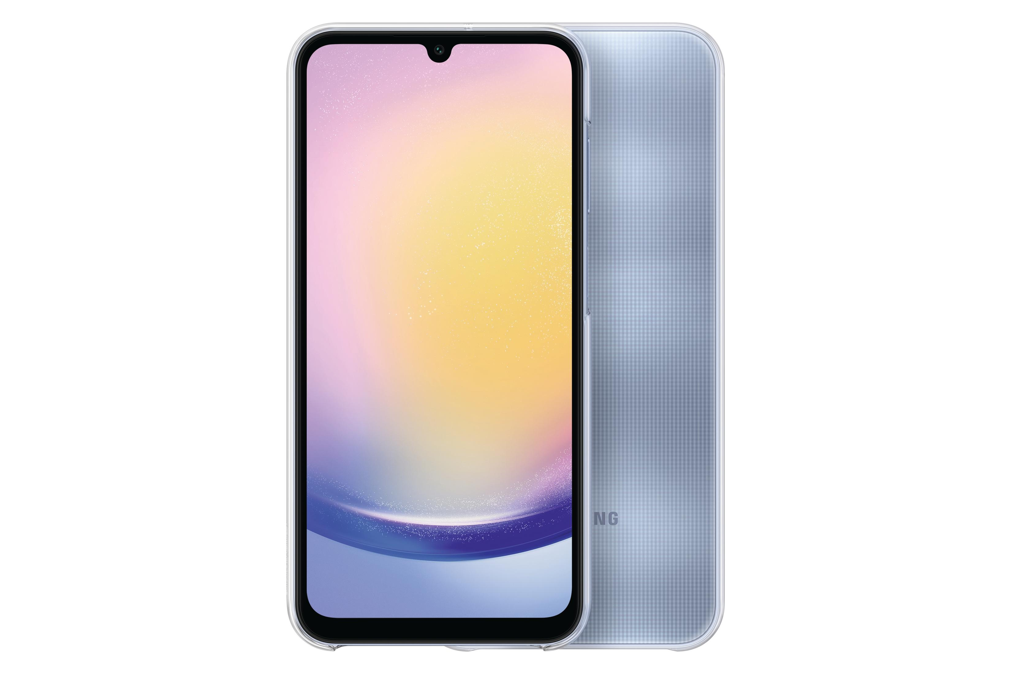 Uno smartphone con sfondo colorato, posto su sfondo bianco. La parte posteriore del telefono è azzurra.
