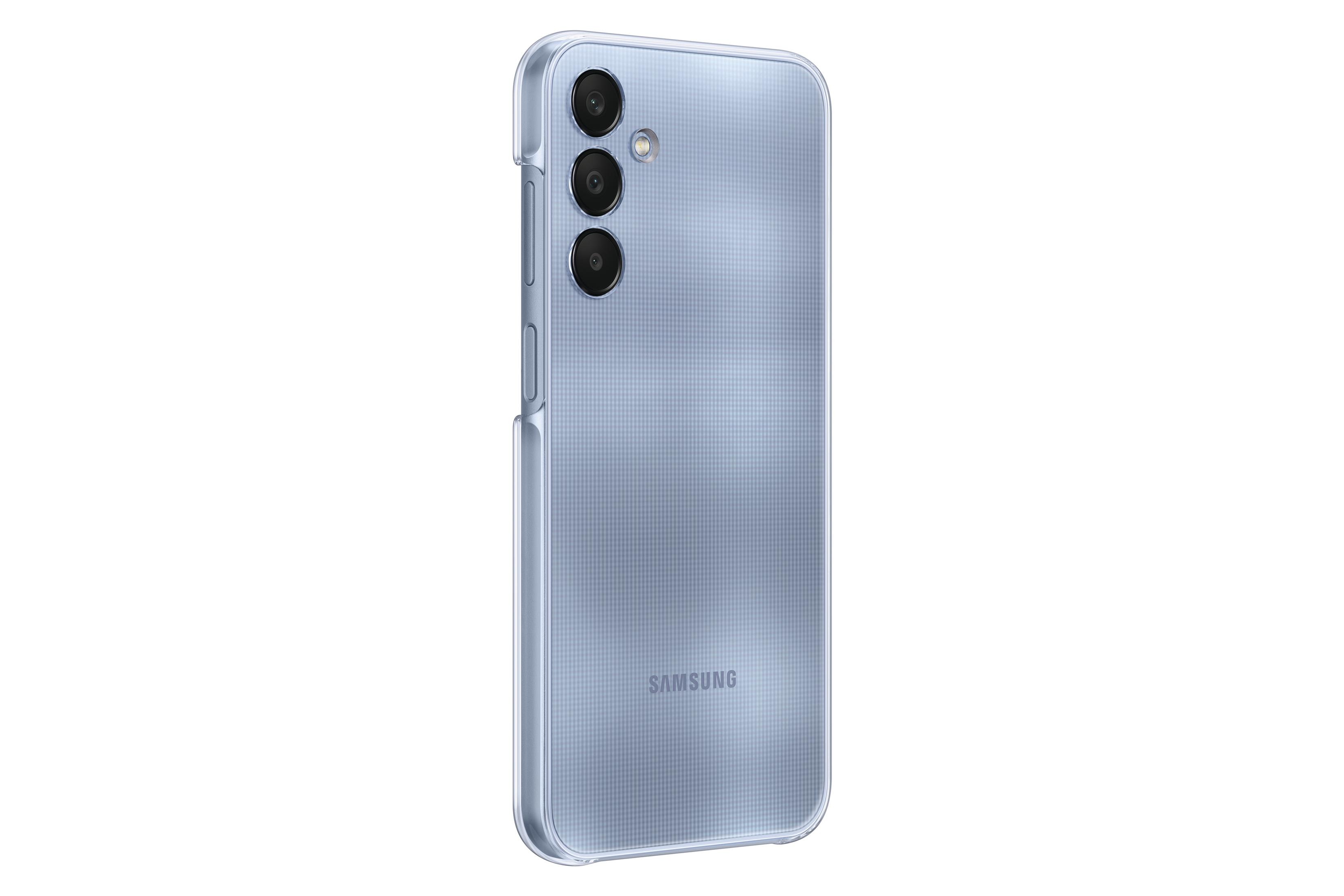 Un telefono azzurro in una custodia trasparente. Il telefono ha tre fotocamere.