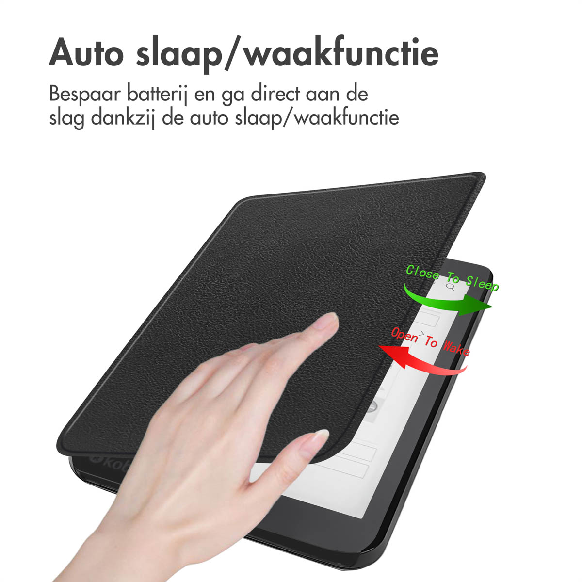 E-reader in black case, hand opening it to reveal the screen.