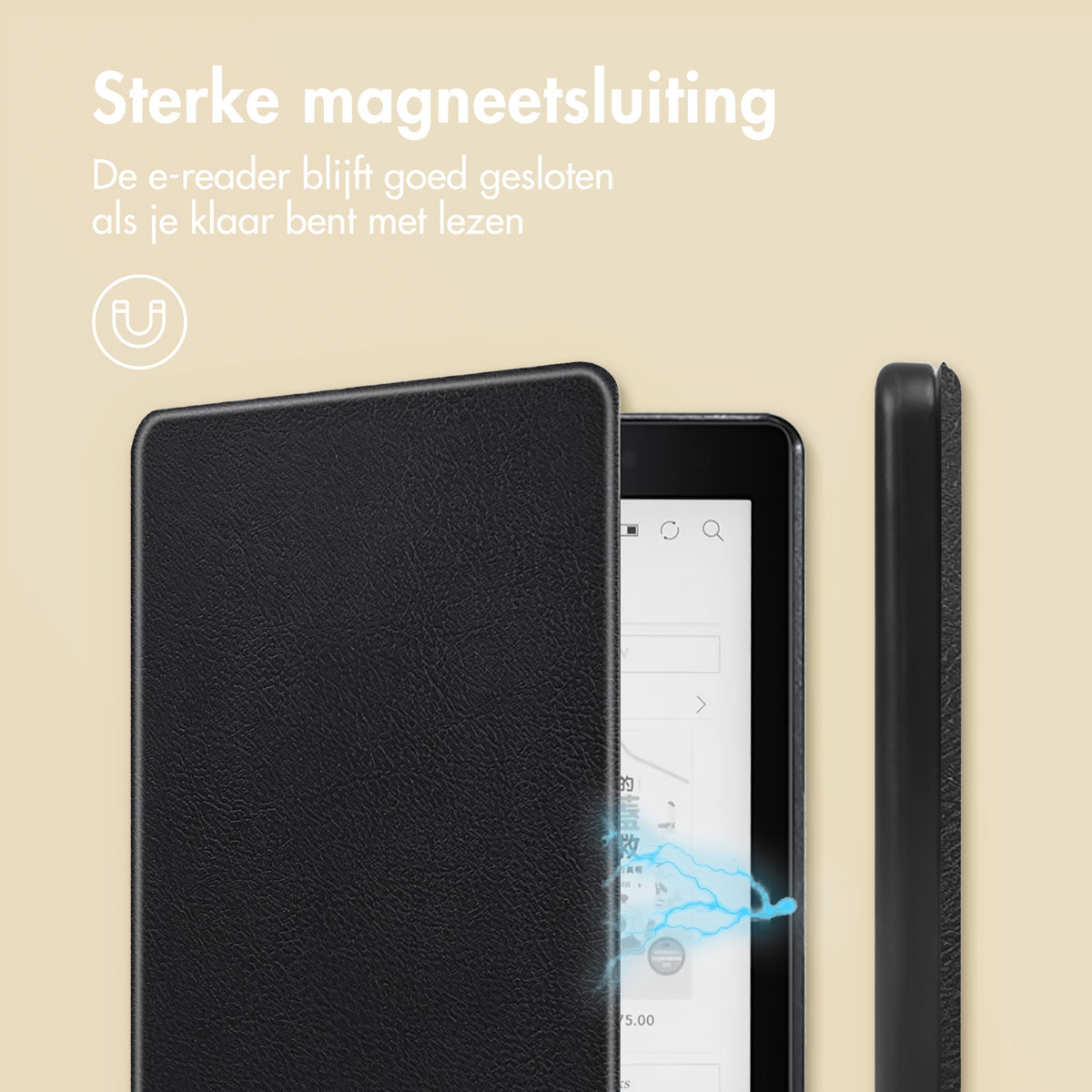 Black e-reader in a black case. The case is open. The text says 'Strong magnetic closure'.