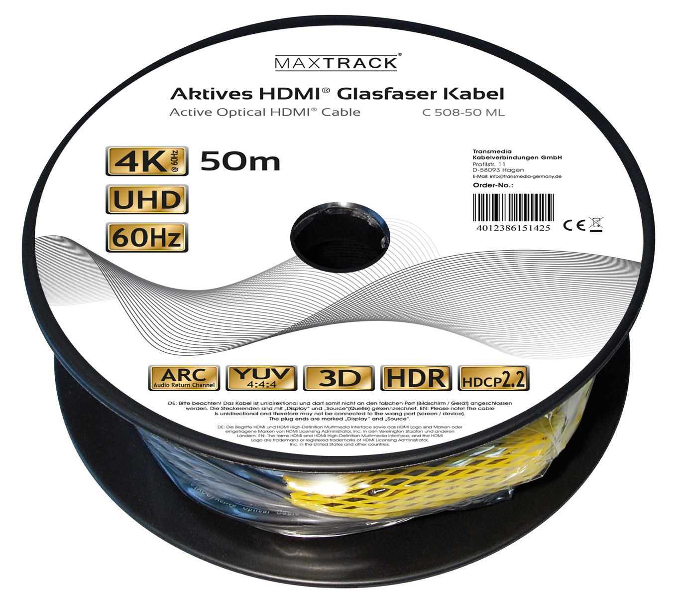 Schwarz-gelbes HDMI-Kabel auf einer Rolle mit Text, einem 4K UHD- und 60Hz-Etikett.