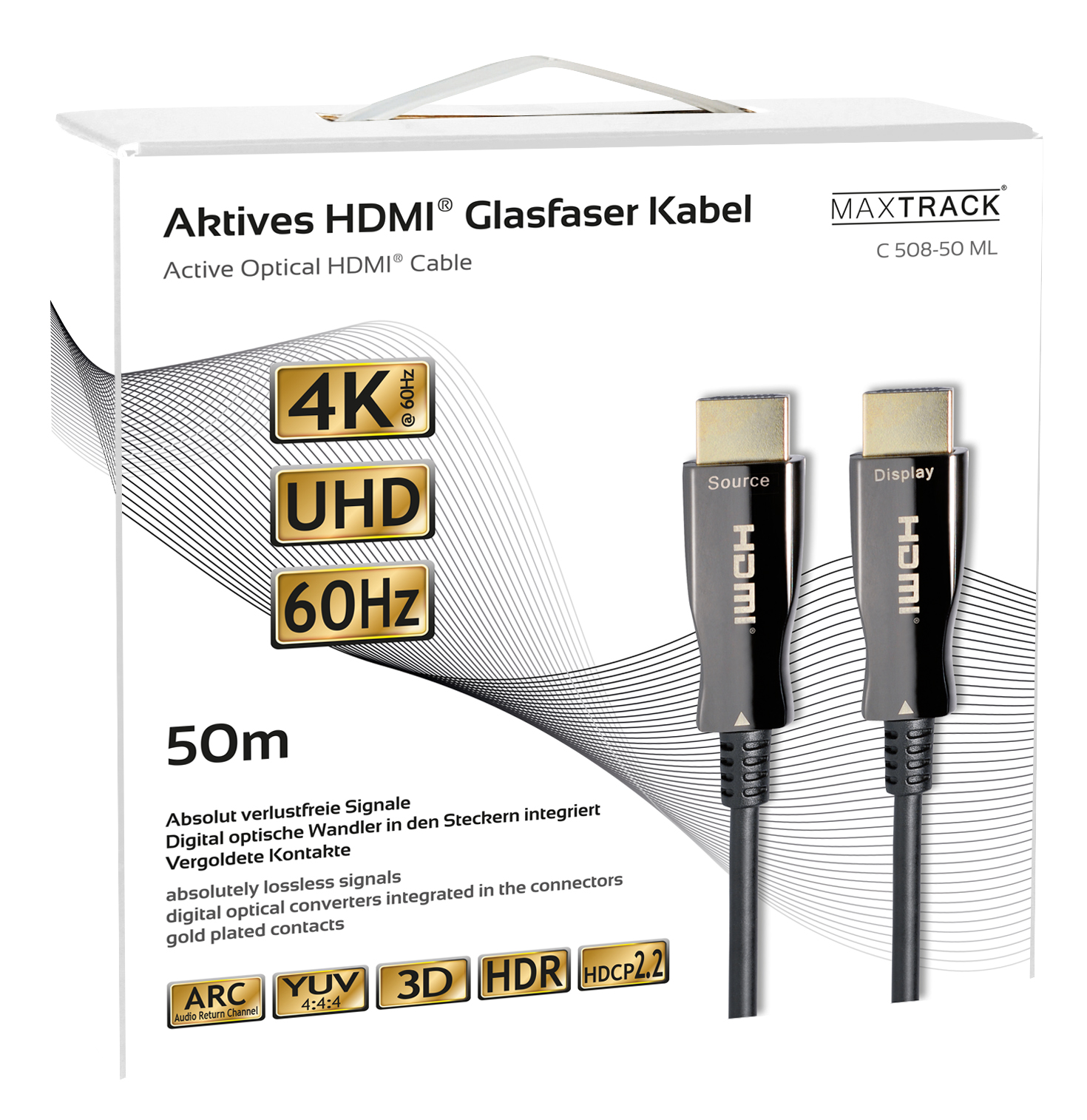 HDMI-Kabelbox mit Text, 4K UHD 60 Hz und Kabelenden angezeigt.