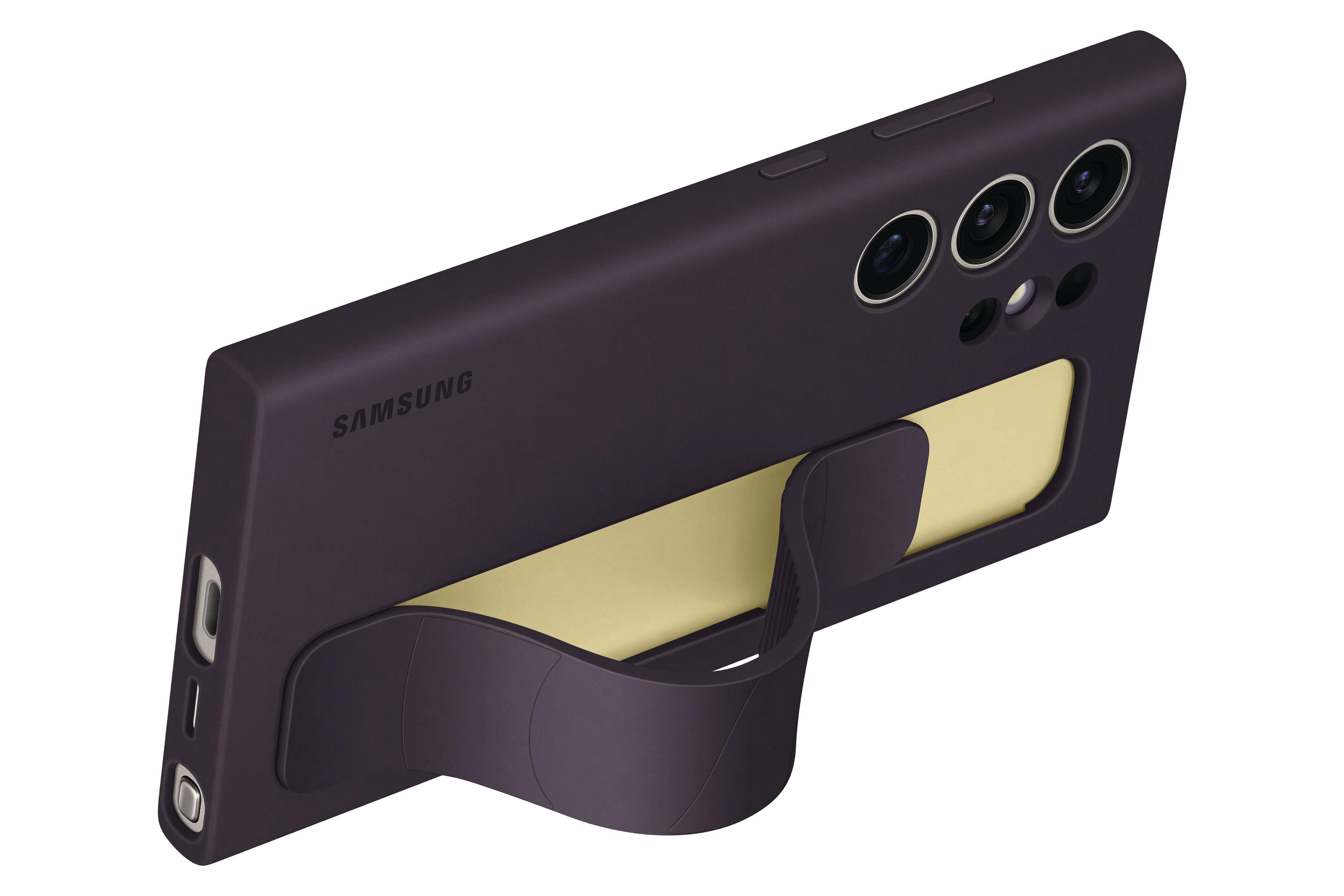 Custodia per telefono viola con porta carte giallo e anello, custodia angolata.