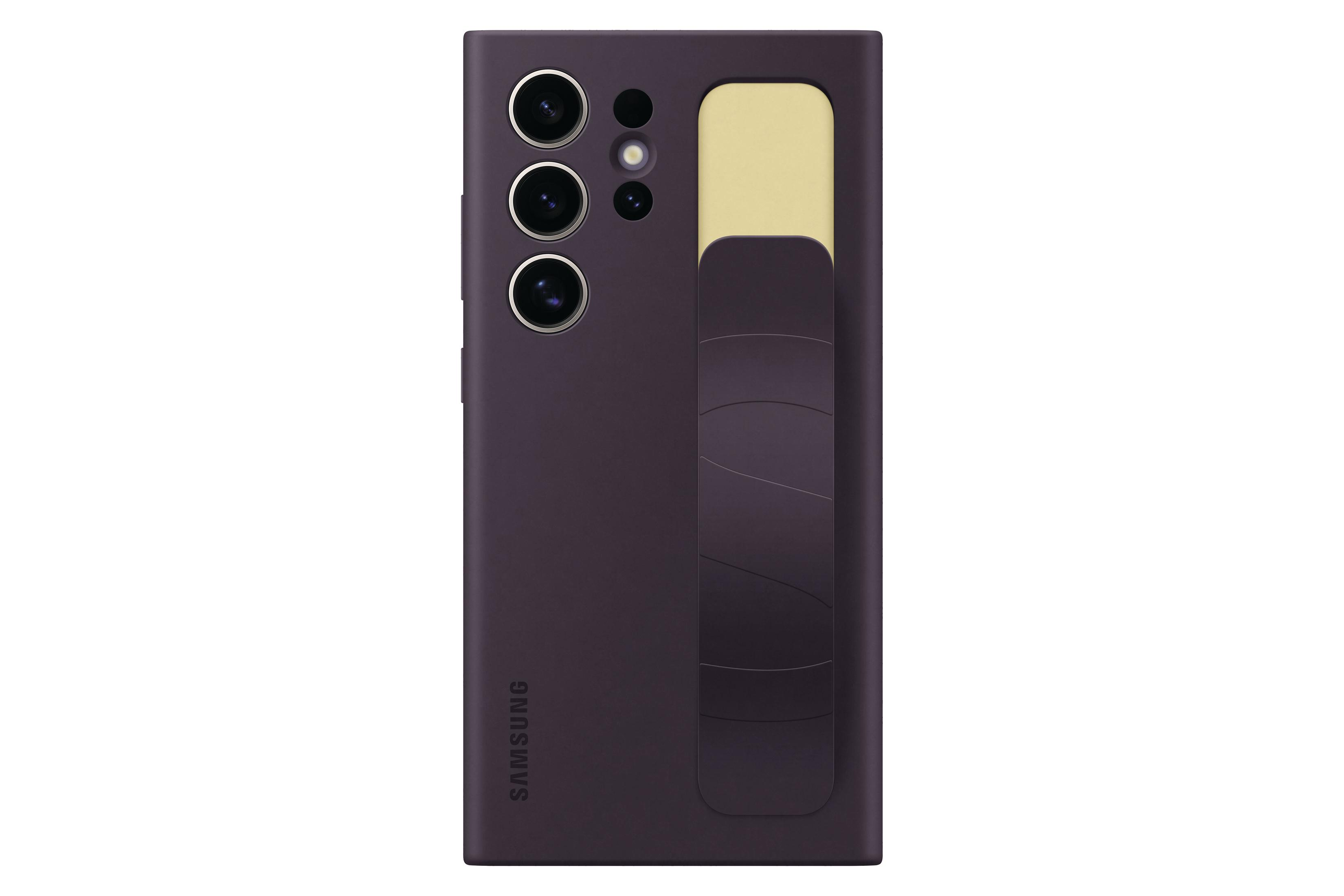 Telefono viola con obiettivi della fotocamera e un supporto.