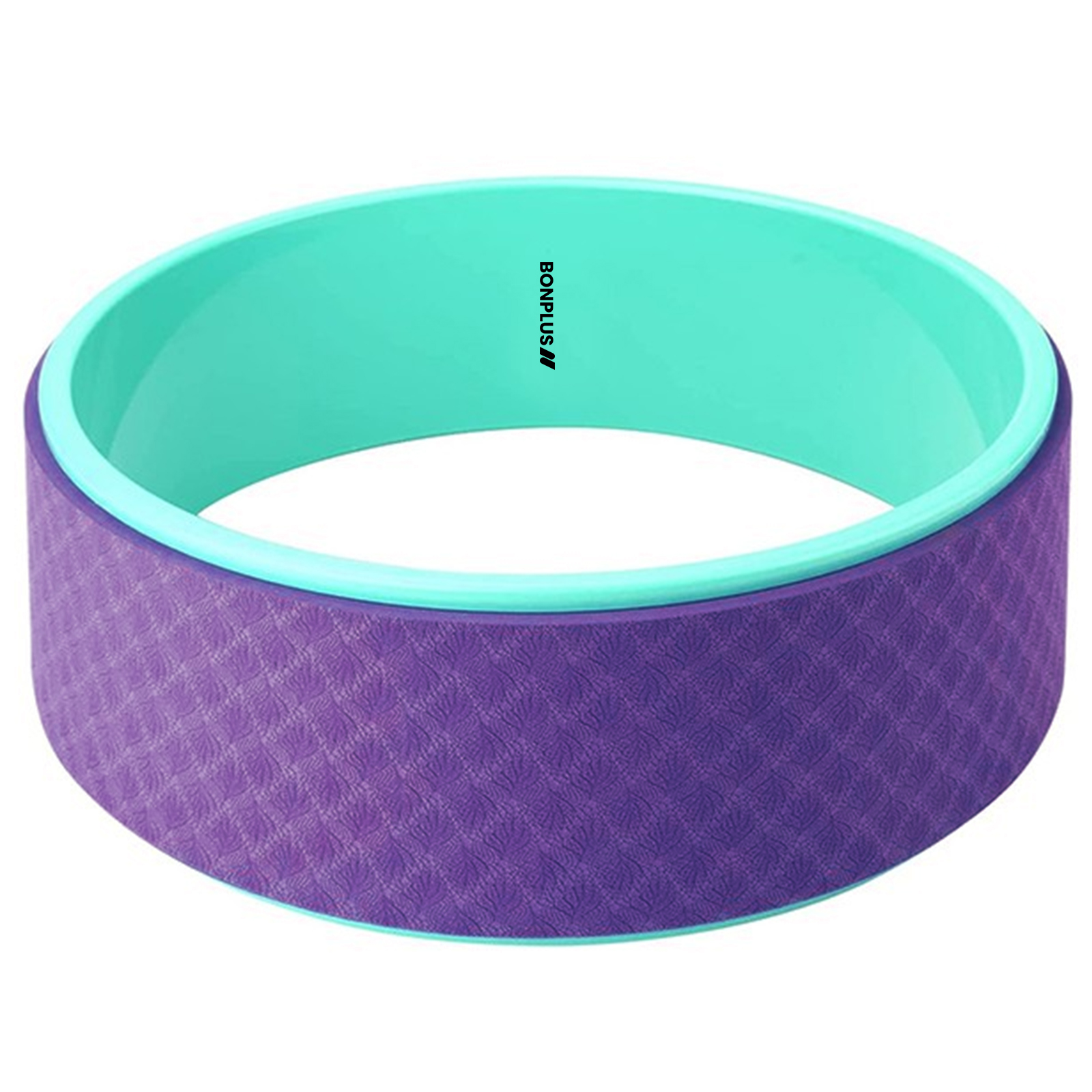Una rueda de yoga morada con un interior turquesa. La rueda tiene una superficie texturizada y estampada.