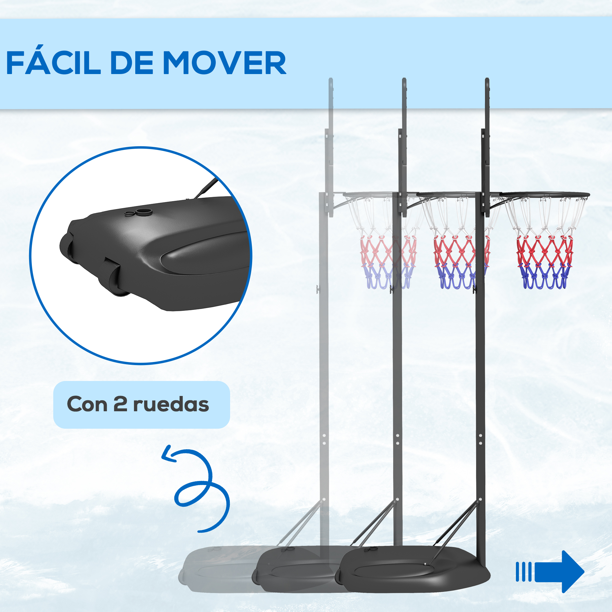 Sistema de canasta de baloncesto con base rodante, tres aros, flecha azul.