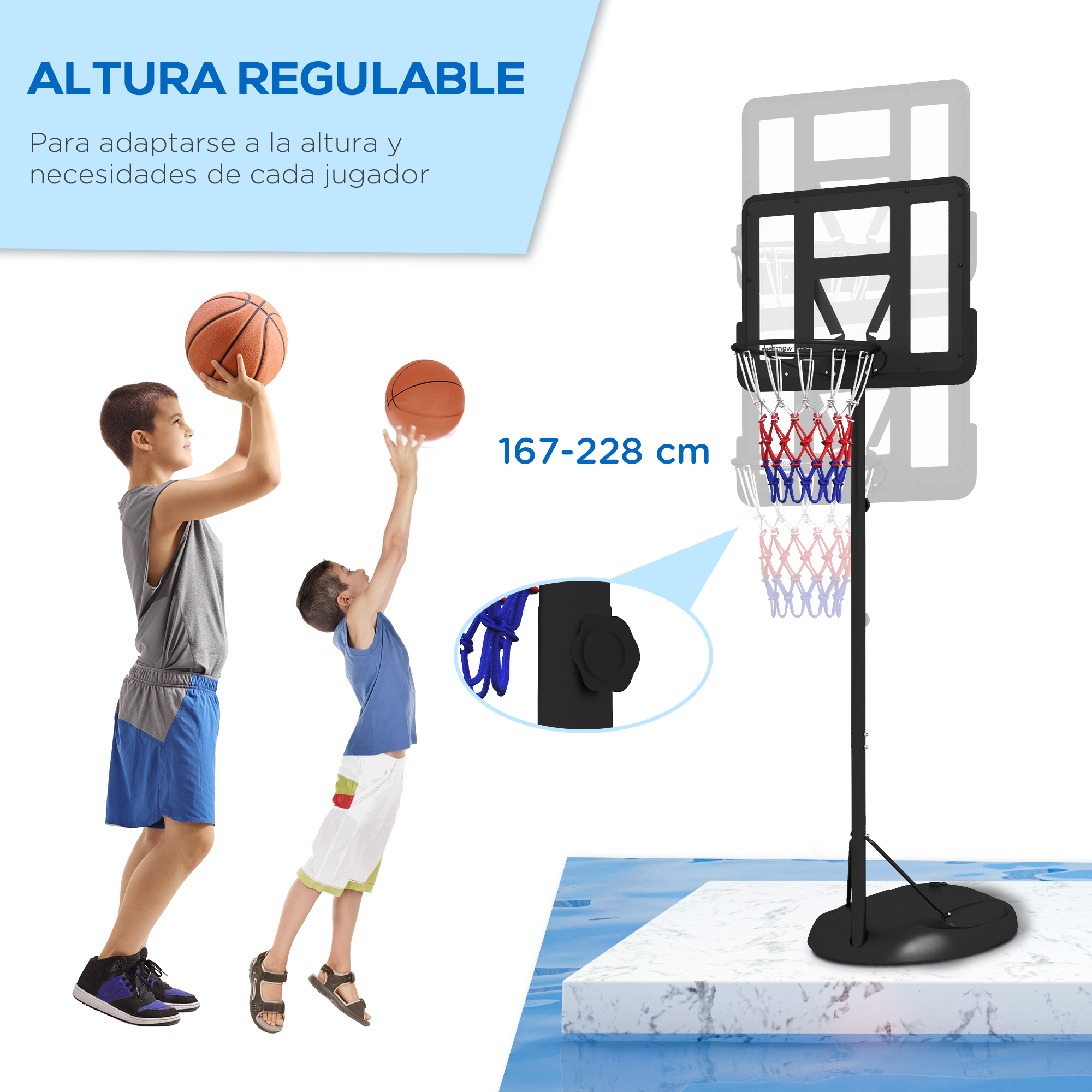 Dos niños jugando al baloncesto. Uno tira, el otro mira una canasta. La altura es ajustable: 167-228 cm.