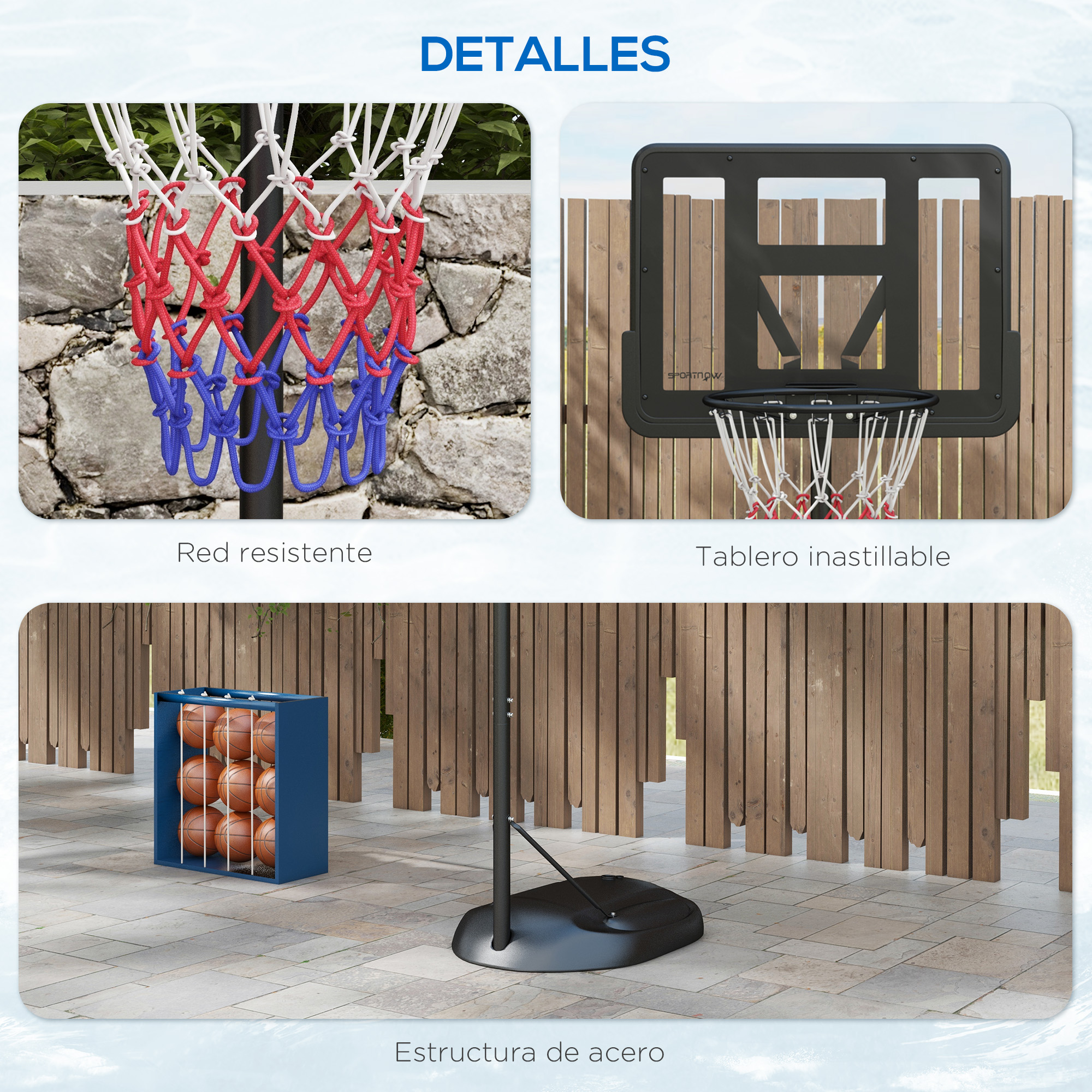 Detalles de aro de baloncesto, red y almacenamiento de balones. Fondo de valla de madera.
