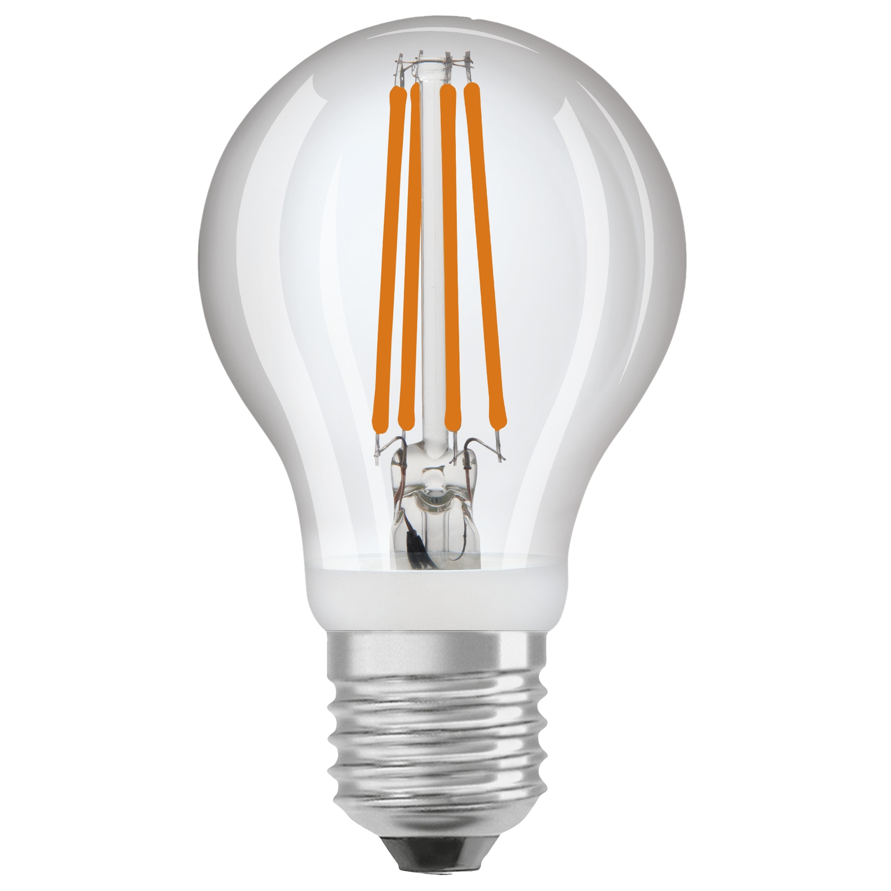 Une ampoule en verre transparent avec des filaments orange et une base argentée.