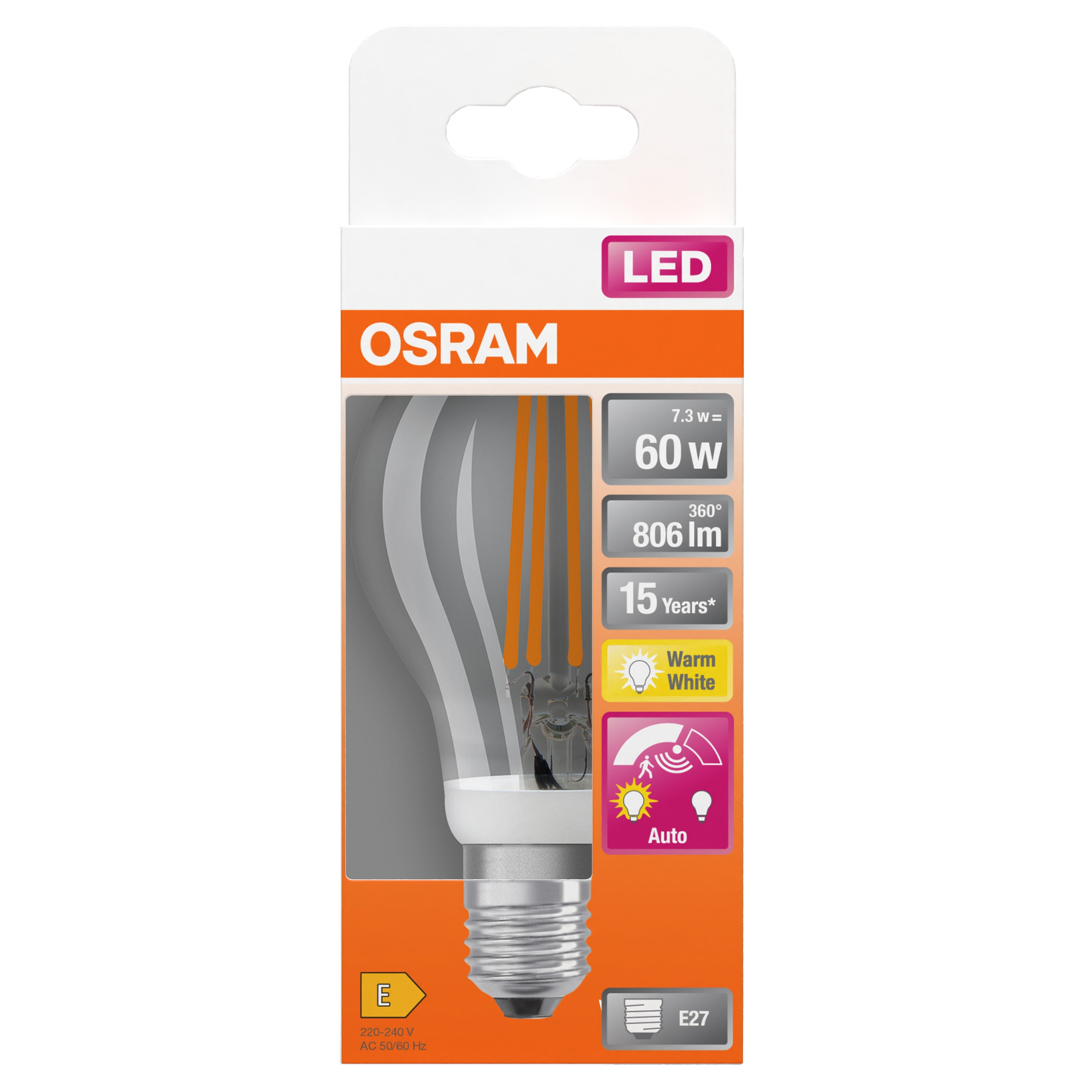 Ampoule LED dans une boîte blanche et orange avec spécifications du produit.