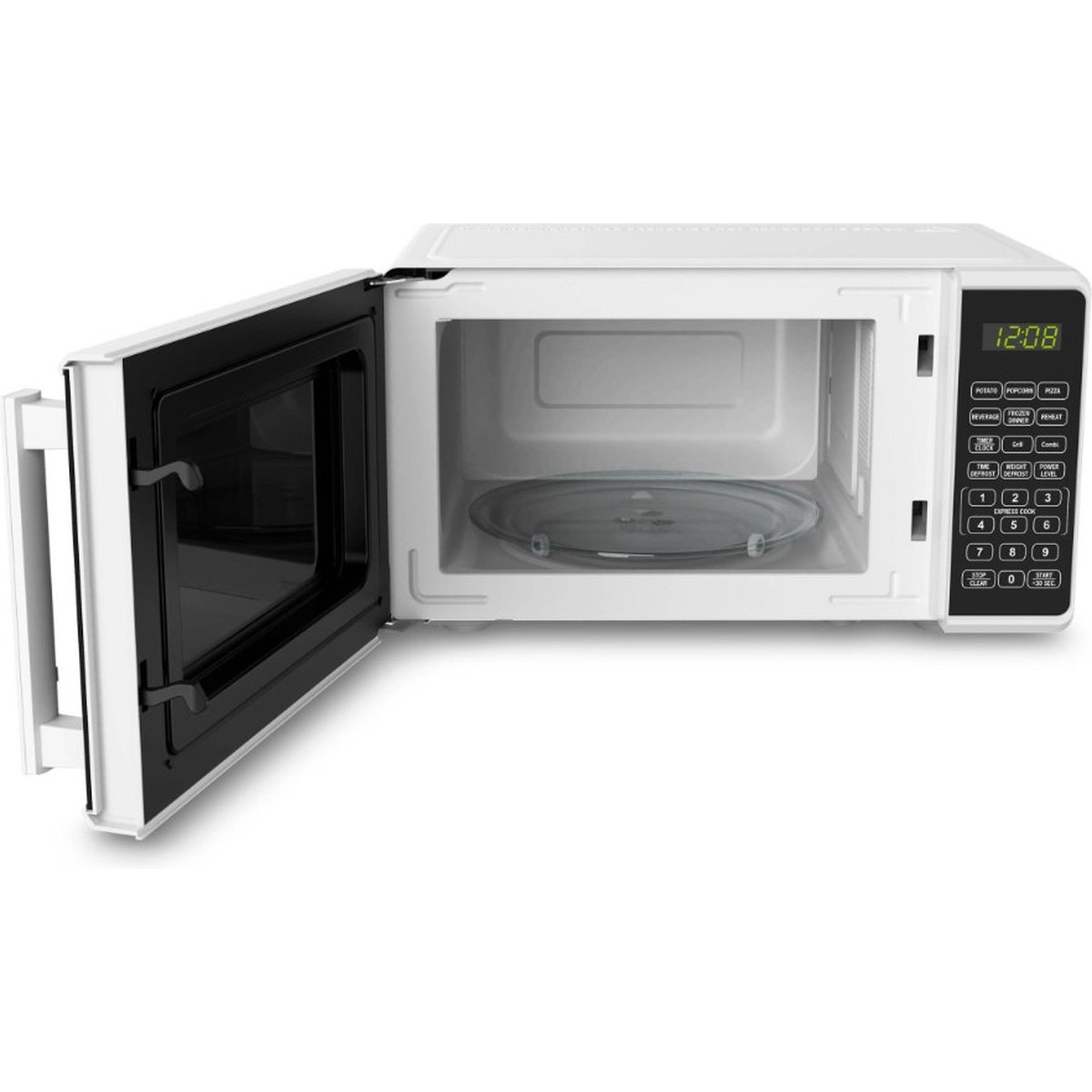 Un horno microondas blanco con la puerta abierta, mostrando el interior y el panel de control.