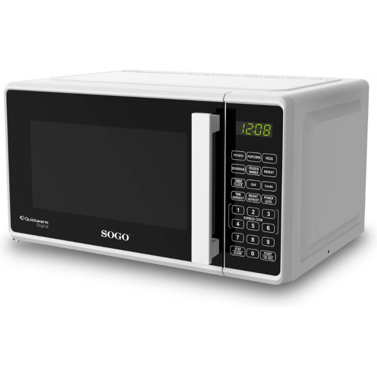Un horno microondas blanco con un reloj digital y botones de control. El microondas tiene una puerta negra.