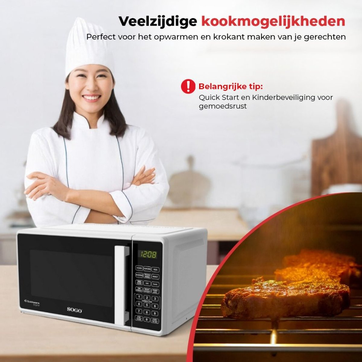 Una mujer con gorro de chef sonríe. Microondas y carne cocinada a la derecha, con texto sobre cocina.