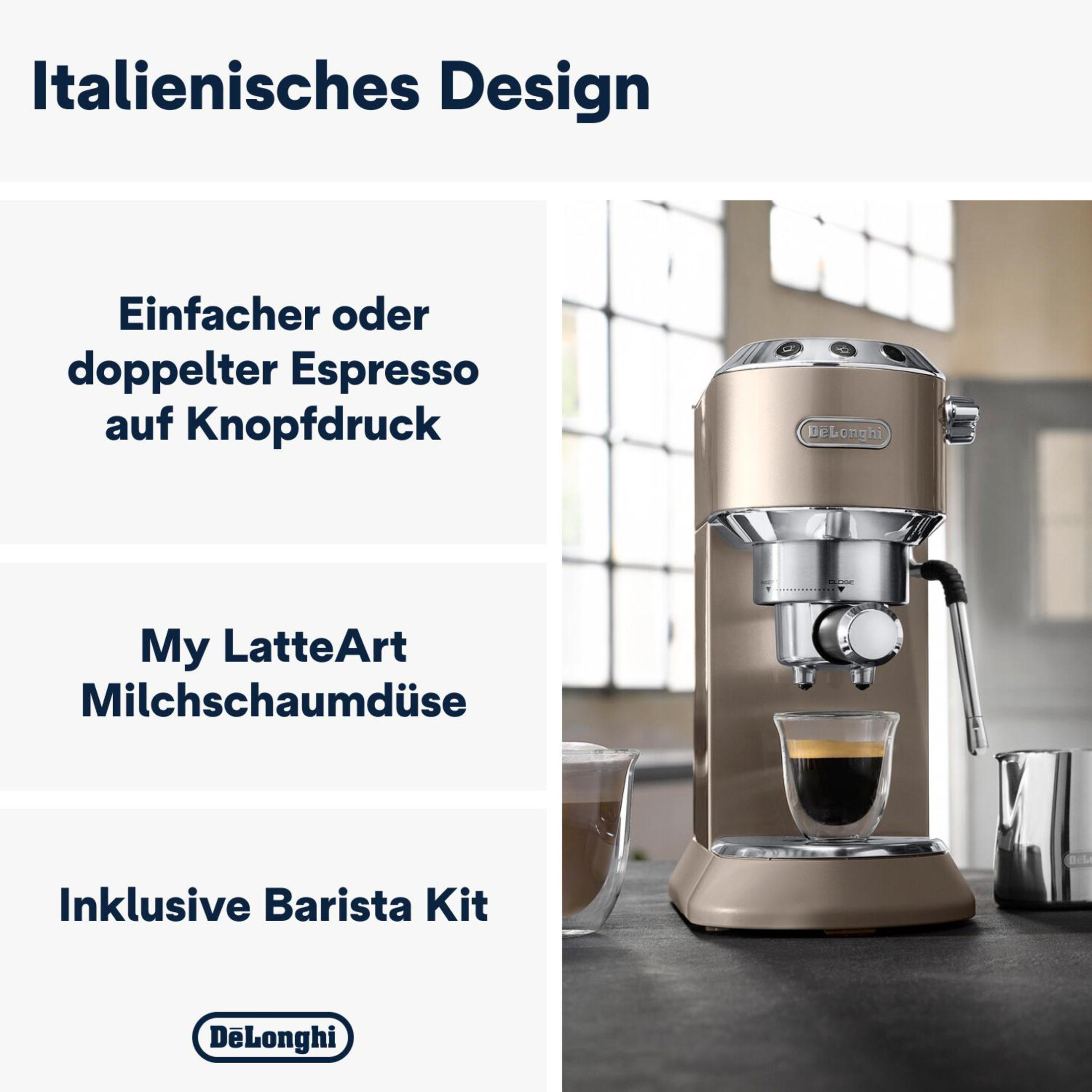Eine goldene Espressomaschine mit Text über einfachen oder doppelten Espresso, My LatteArt und Barista Kit.