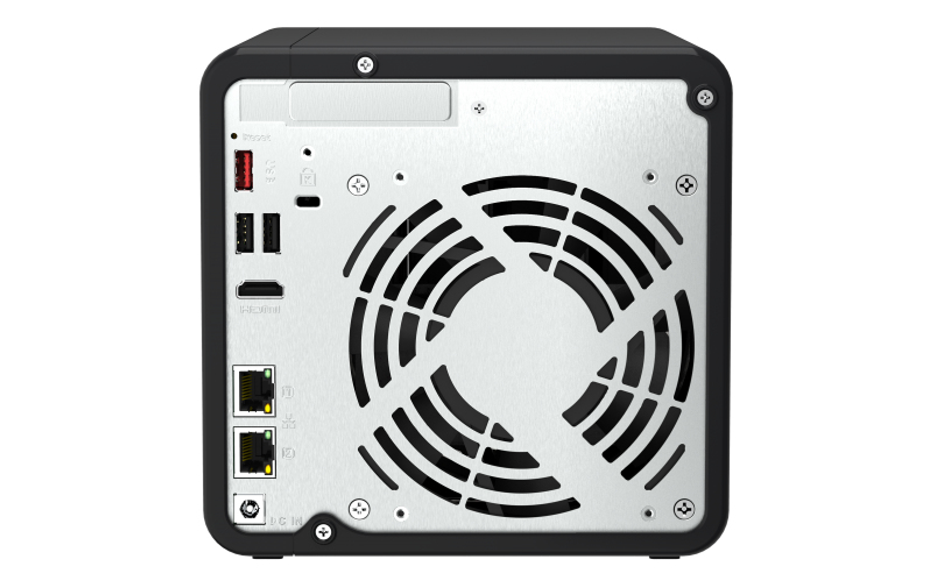Parte trasera de servidor de computadora negro, con ventilador y puertos, fondo blanco.