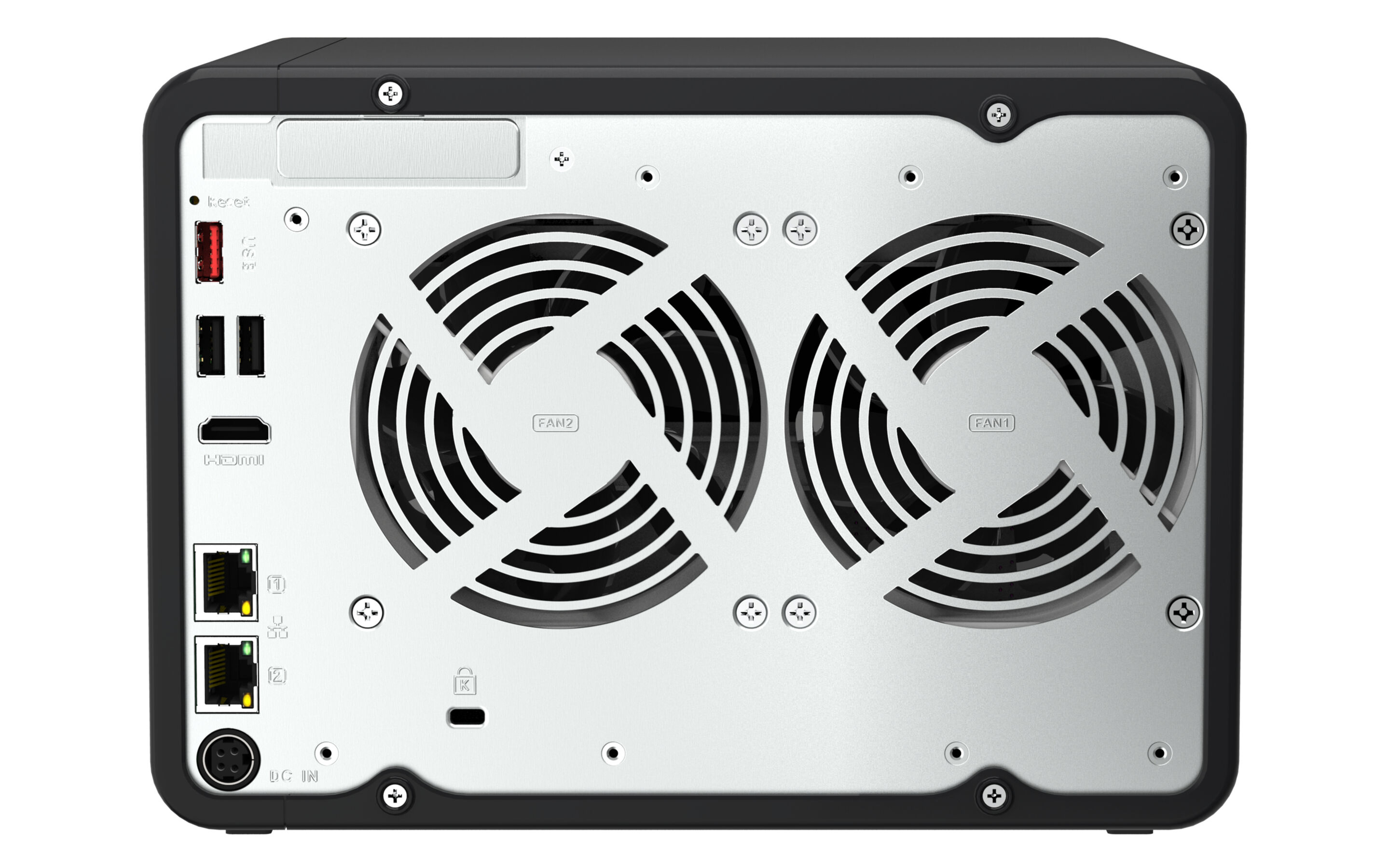 Vista posteriore di un dispositivo NAS nero con ventole e porte.