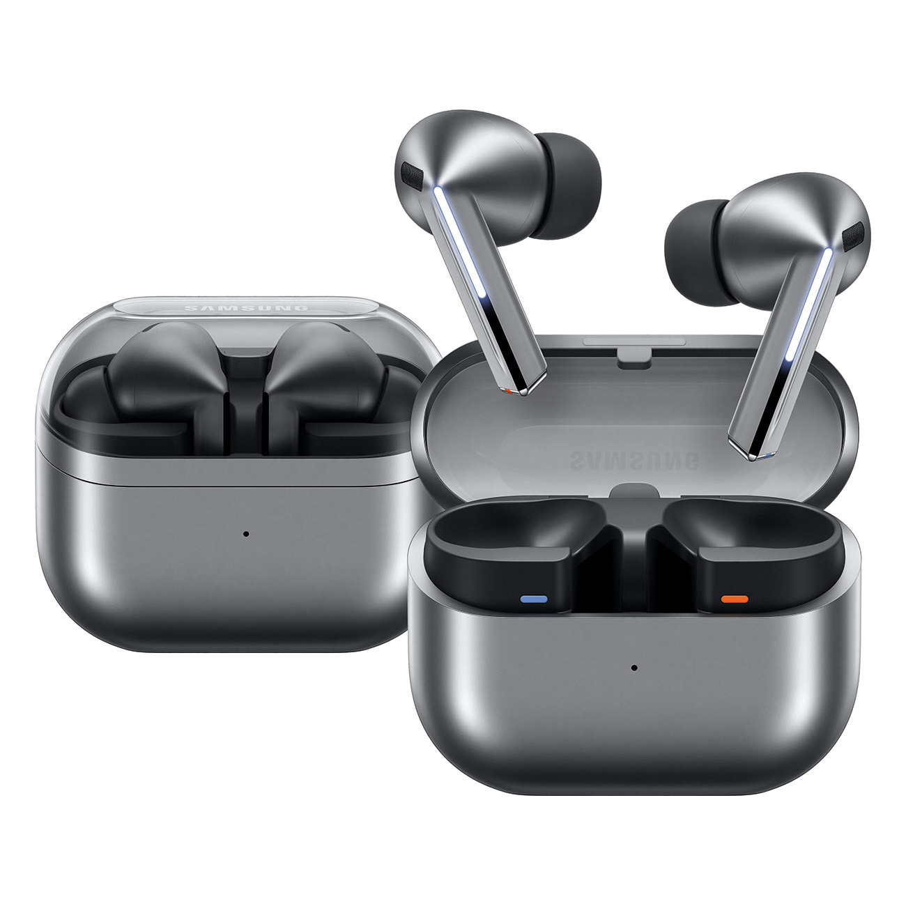 Szare słuchawki Samsung Galaxy z etui ładującym. Etui i słuchawki są szare.