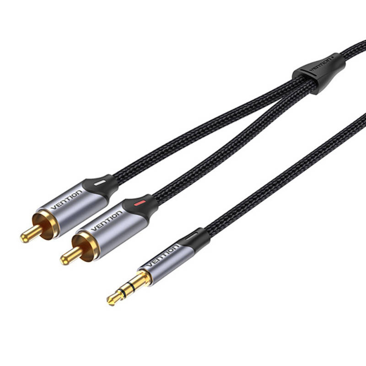 Tres cables de audio negros con conectores Vention sobre fondo blanco.