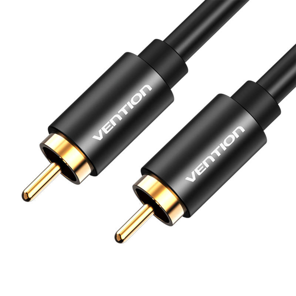 Dos cables RCA Vention negros con conectores dorados, primer plano sobre superficie blanca.