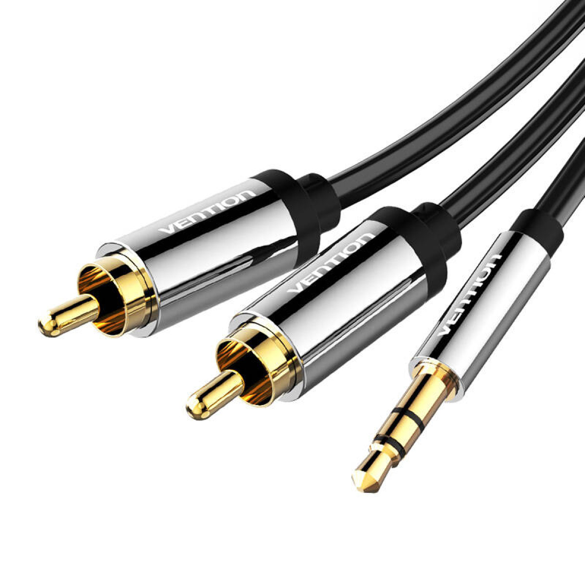 Czarne kable audio RCA do 3,5 mm Vention na białym tle.