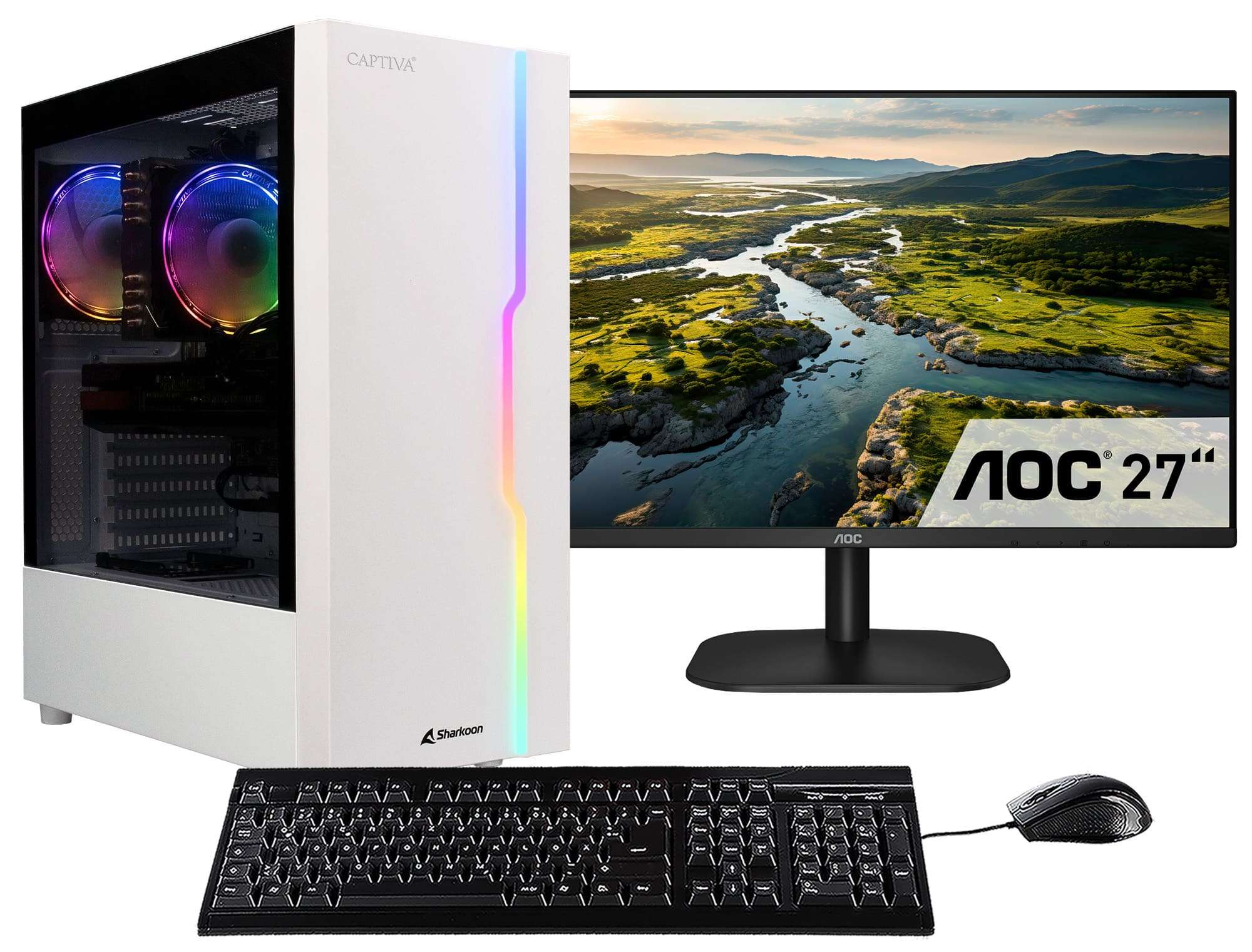Computerset: witte toren, monitor met landschap, toetsenbord en muis op een wit oppervlak.